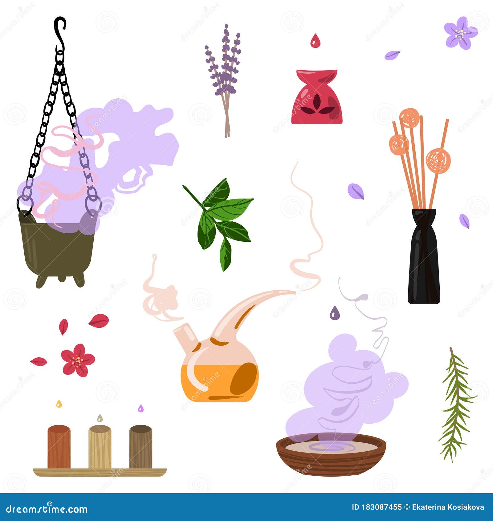 Set of Aroma Diffusers and Aroma Plants. Vector Illustration. Stock