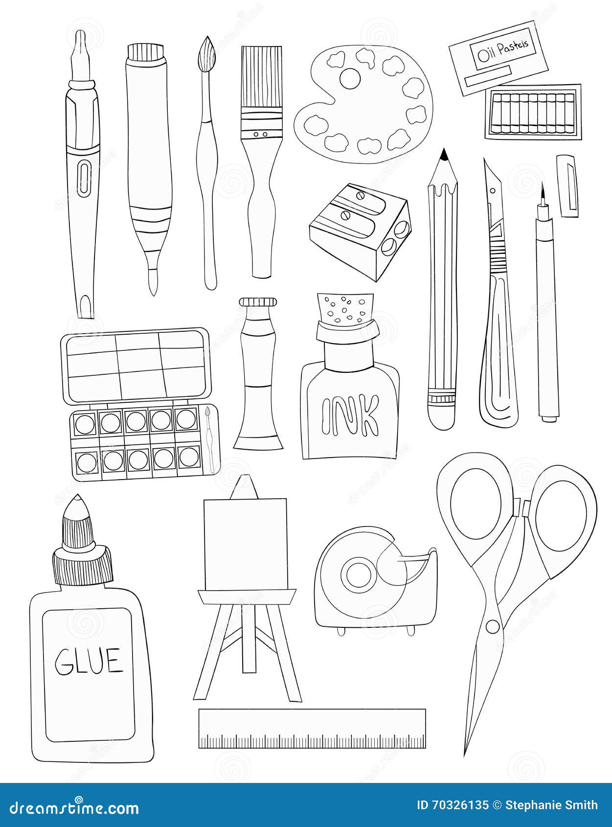 Set of Art Supplies Line Art Illustrations White Fill Hand Drawn