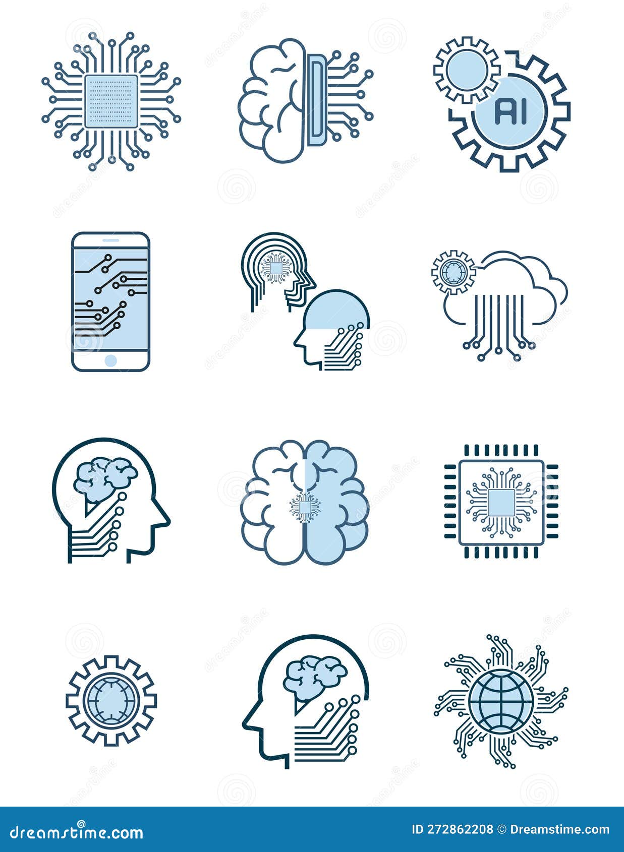 set of artificial intelligence related  line icons. contains such icons as face recognition, algorithm, self-learning style
