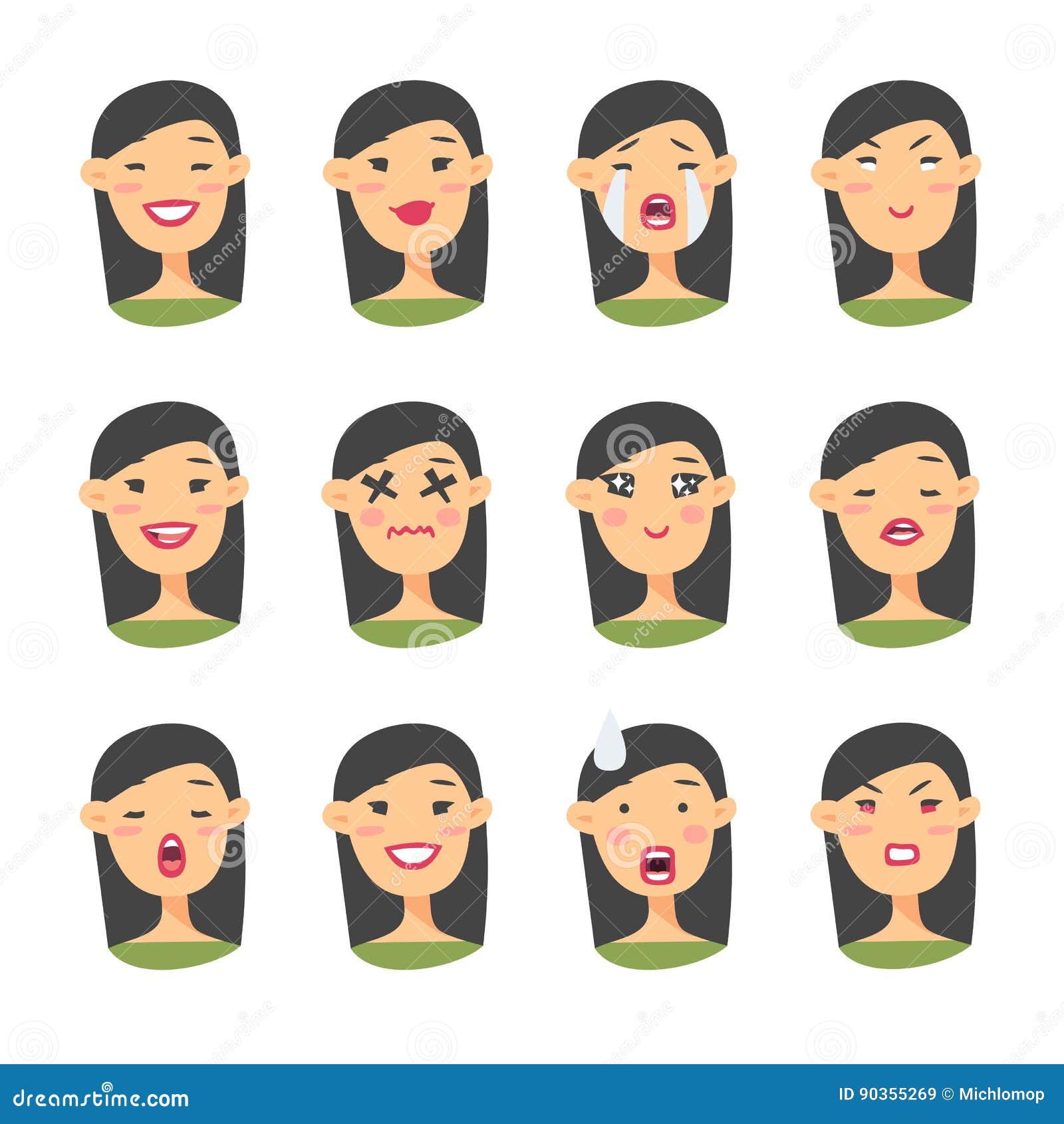 Set Of Asian Emoji Character Cartoon Style Emotion Icons