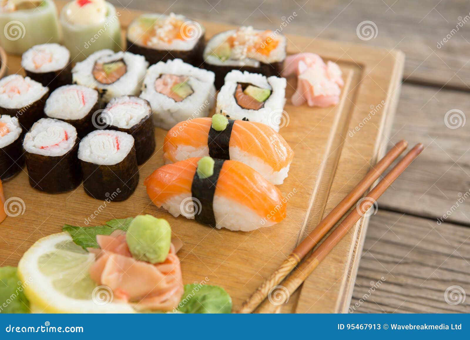 Set of Assorted Sushi Served on Wooden Tray Stock Image Image of