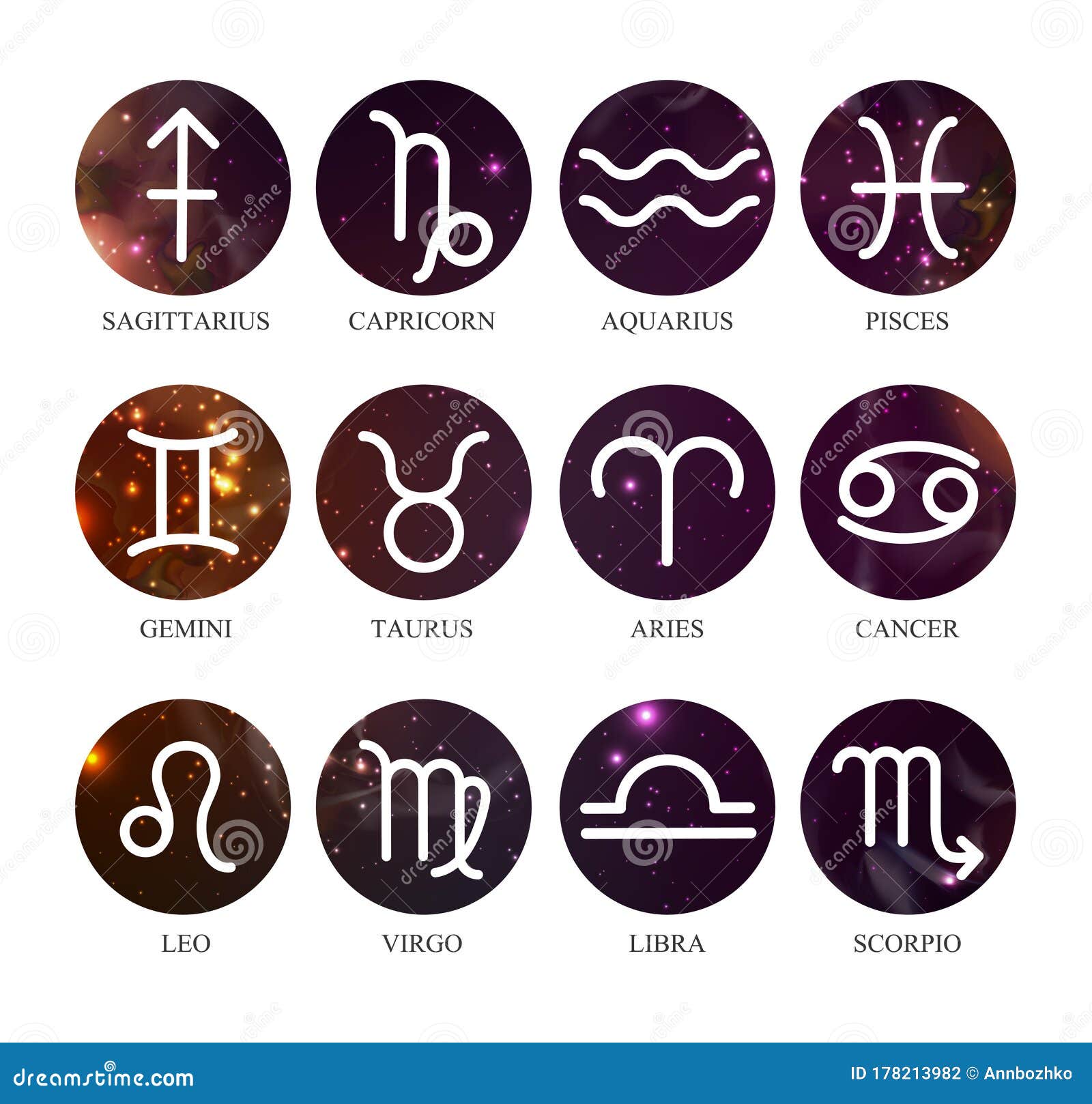 Set Of Astrology Zodiac Signs On Outer Space Background. Vector ...