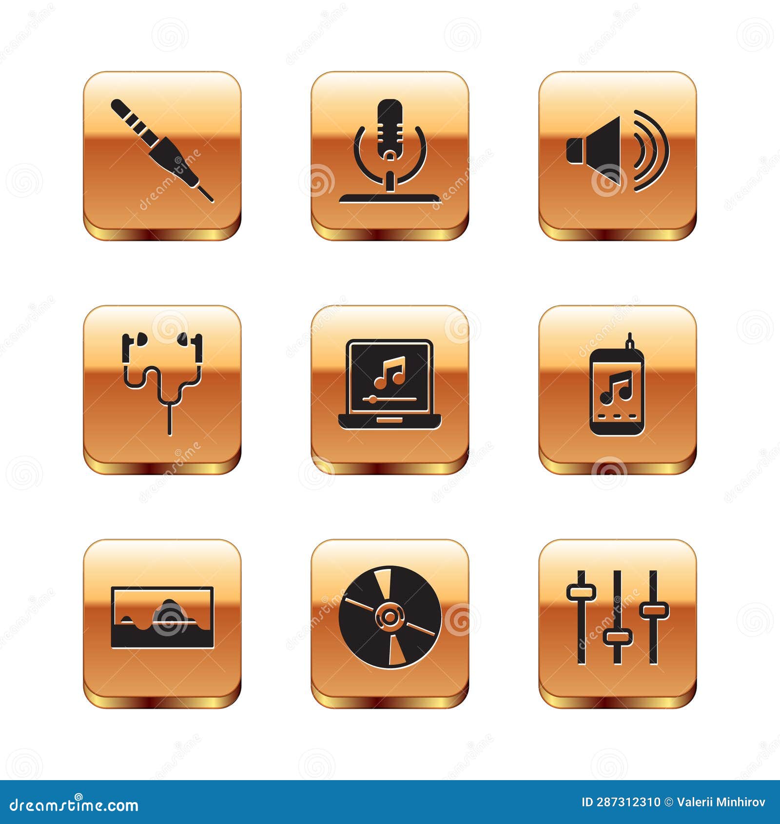 Set Audio Jack, Music Wave Equalizer, CD or DVD Disk, Laptop with Music