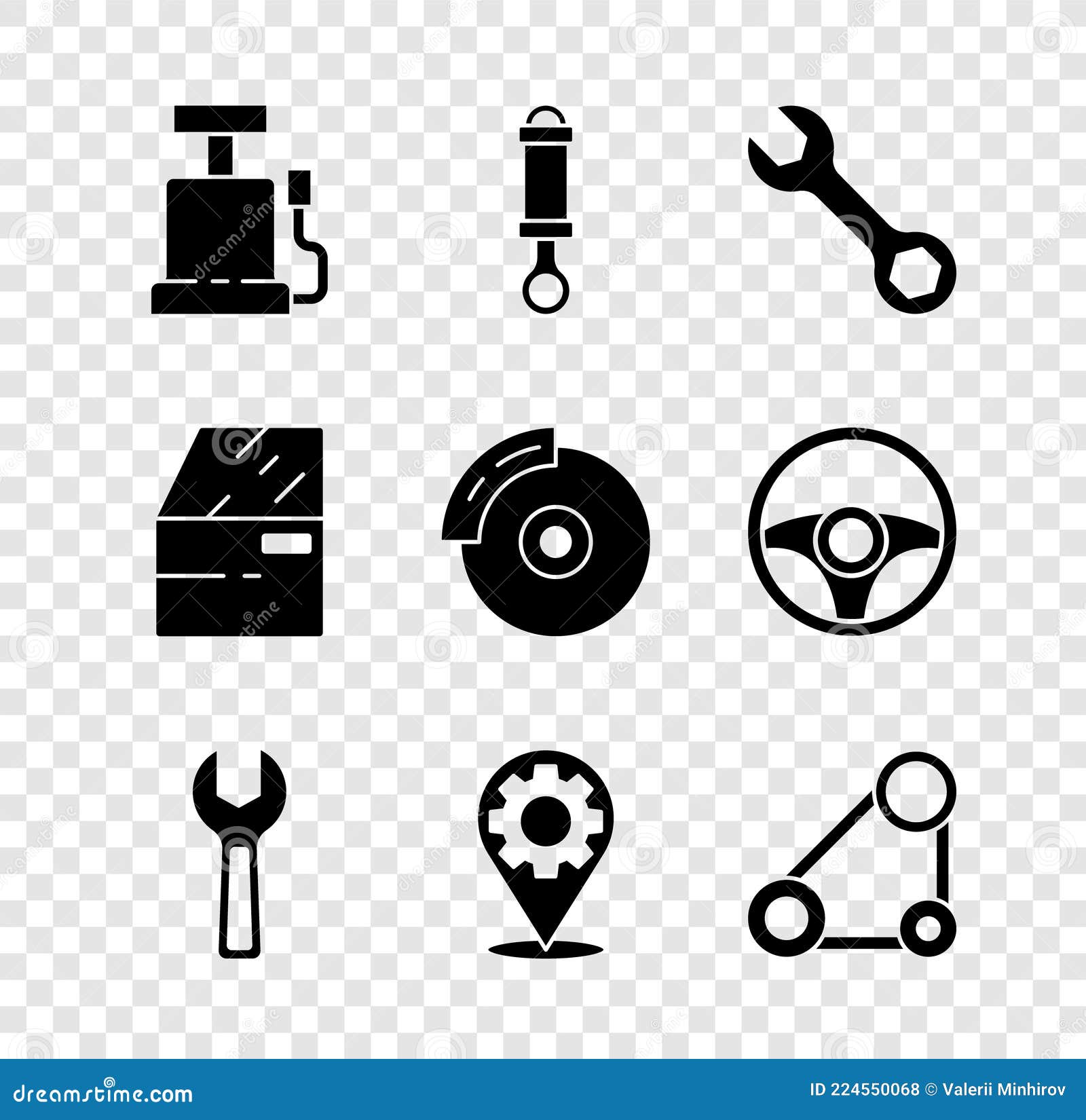 Set Auto Luftpumpe Stoßdämpfer Schlüssel Schlüssel Service Zahn Gurt Kit Tür  Und Bremse Scheibe Mit Sattel Symbol Vektor Abbildung - Illustration von  auslegung, platte: 224550068