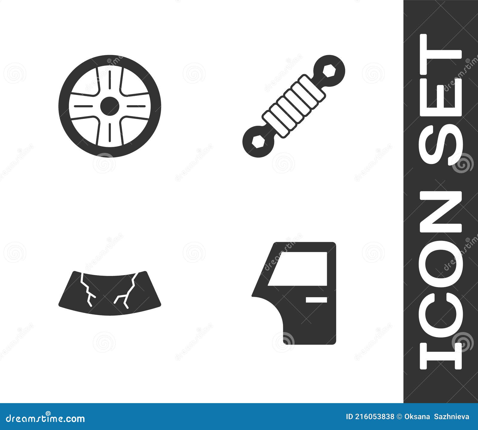 Set Auto Tür Legierung Rad Gebrochen Scheibe Und Stoßdämpfer Symbol. Vektor  Vektor Abbildung - Illustration von armaturenbrett, automobil: 216053838