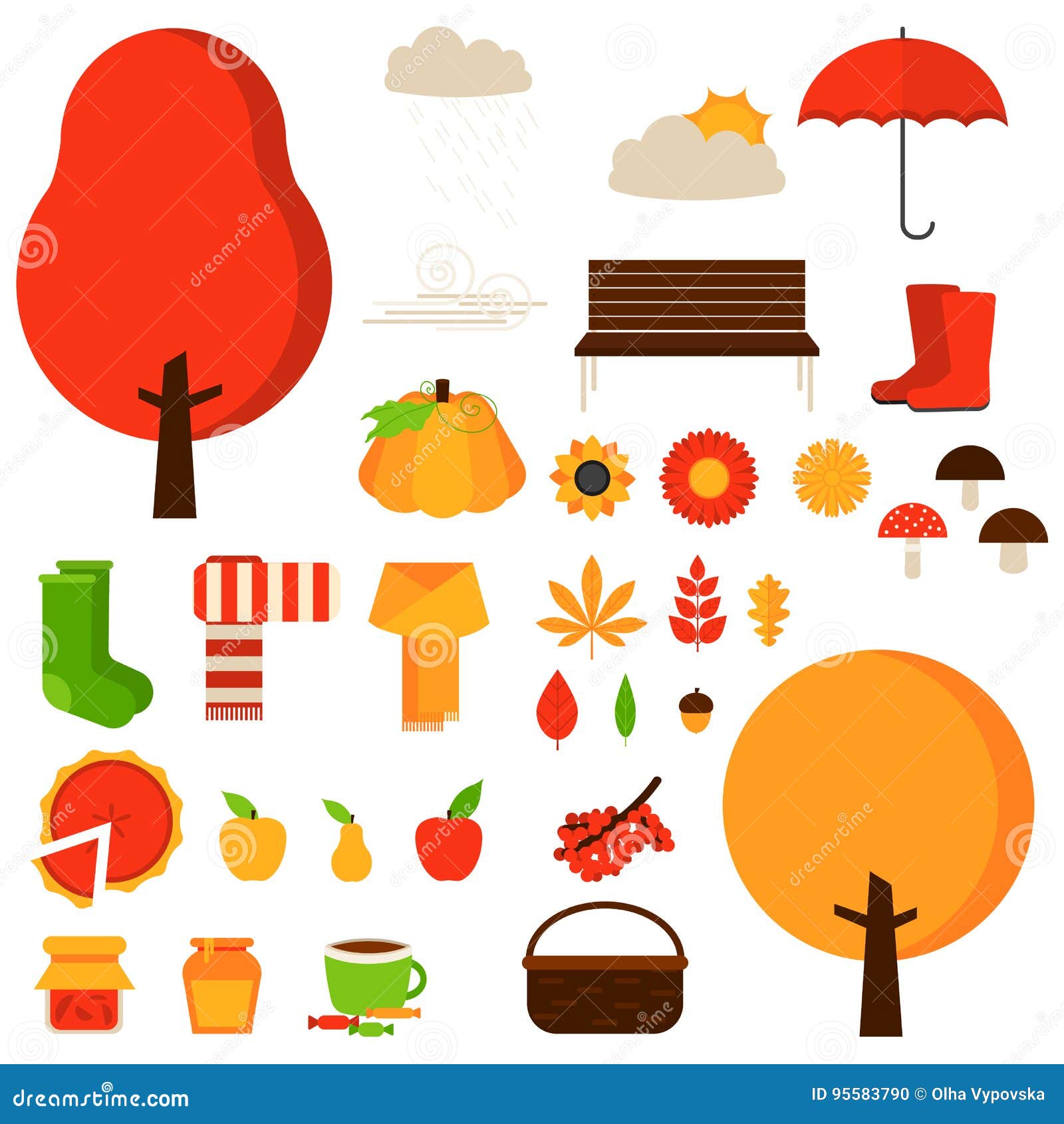 Set of Autumn Fall Elements or Symbols. Stock Vector Illustration of
