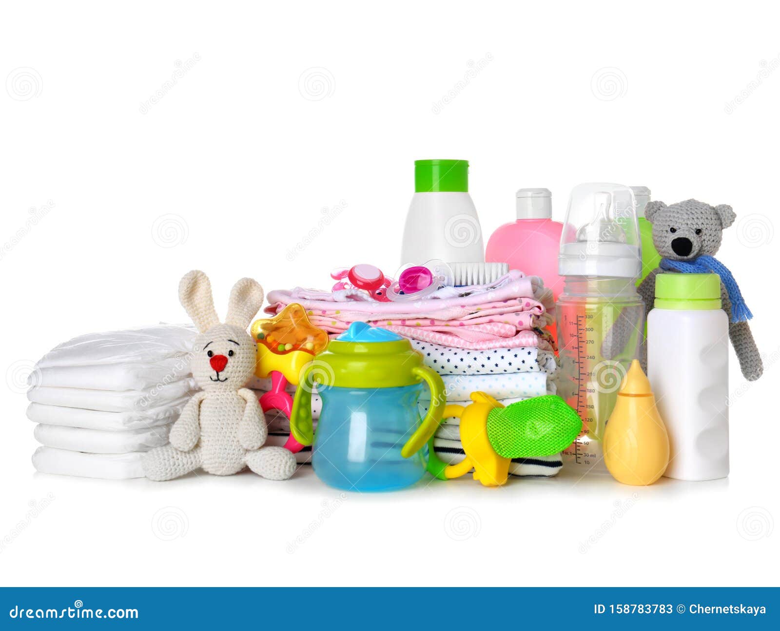 set of baby accessories on background