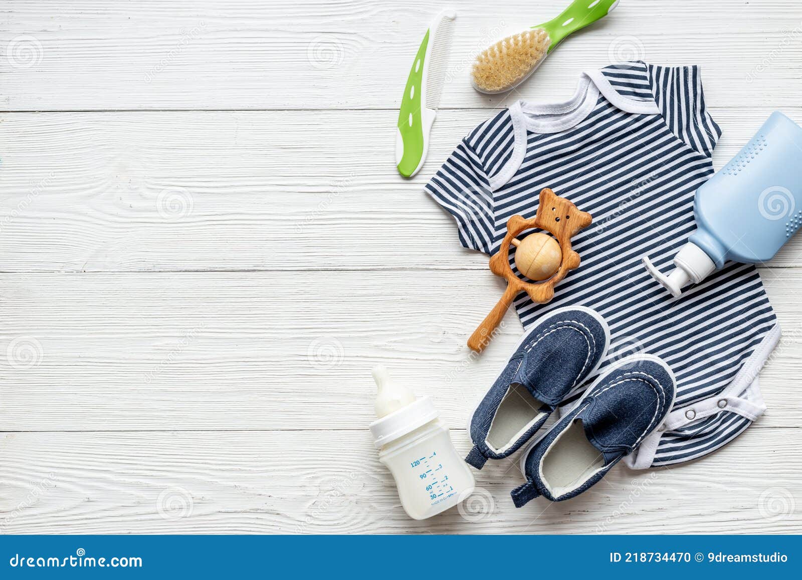 Set of Baby Boy Accessories with Milk Bottle Stock Photo Image of