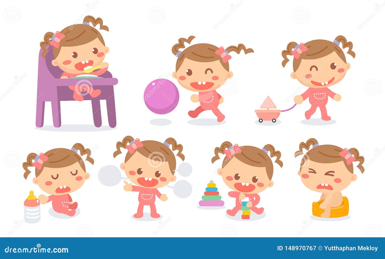 Set of Baby Girl Development Stages in Actions. Baby Milestones Stock ...