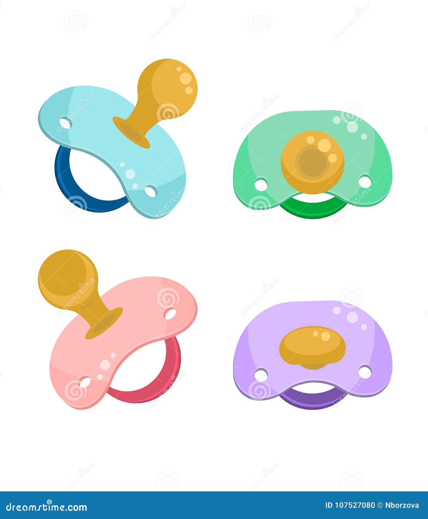 Set of Baby Pacifiers on White Background. Stock Vector Illustration