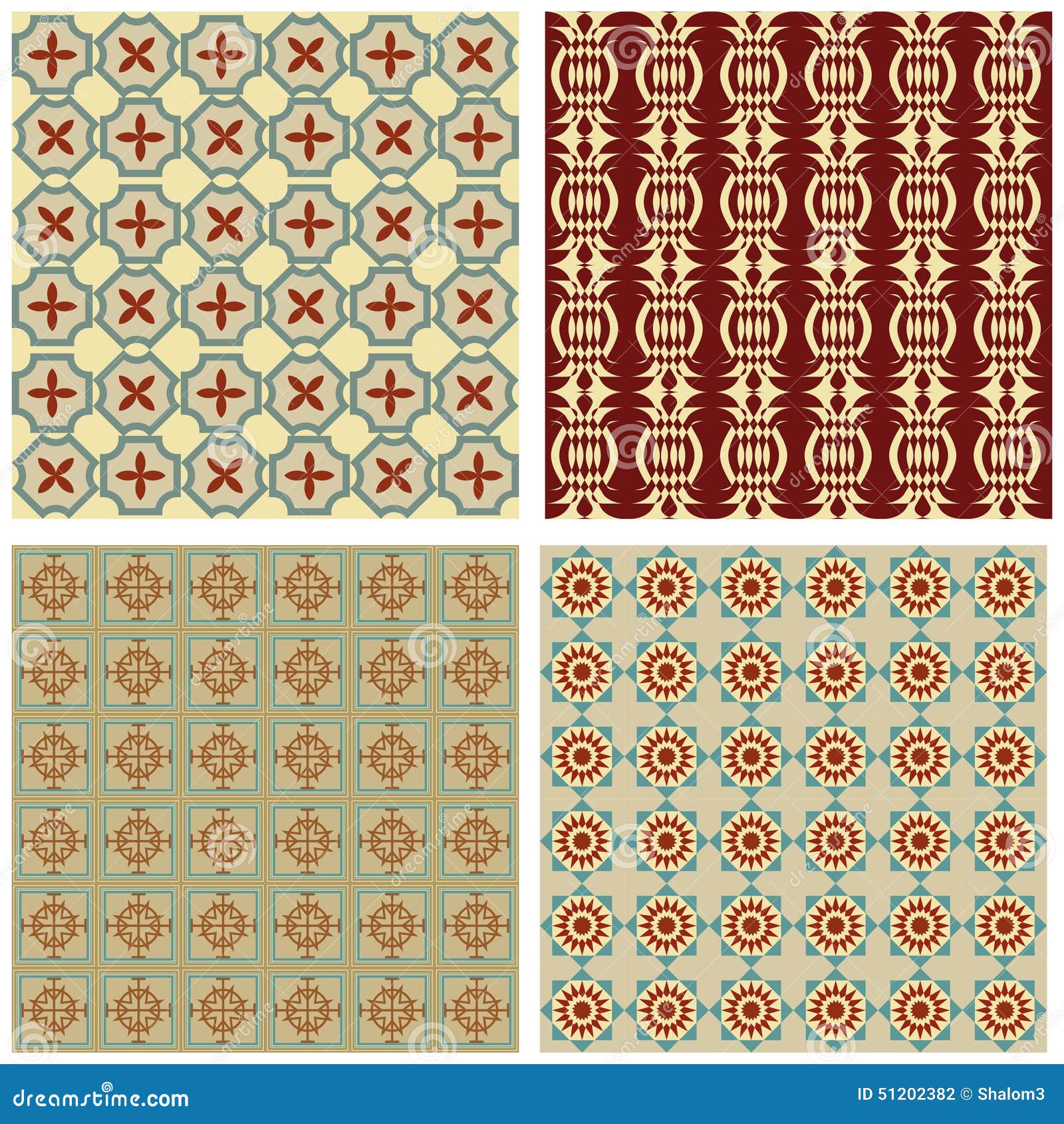 set of background tiles in art deco style with simple geometric patterns in beige, red and green nostalgic color