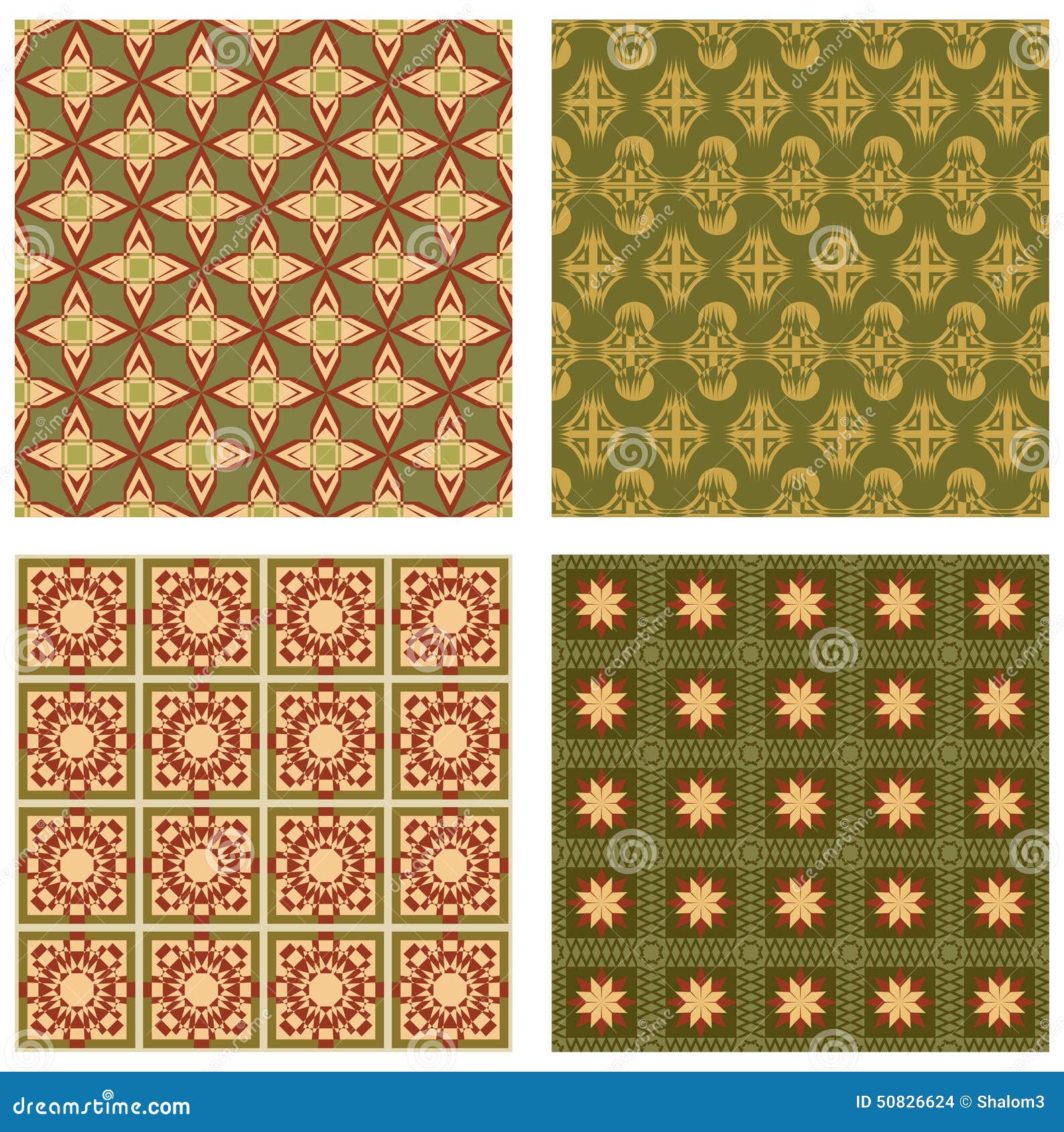 set of background tiles in art deco style with simple geometric patterns in beige, red and green nostalgic color shade