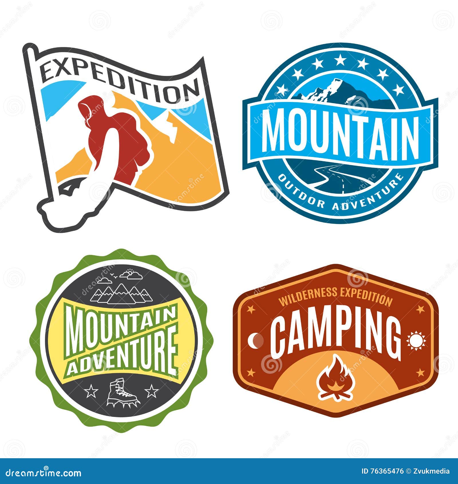 Set Badges Mountain Expeditions and Logo Emblem Adventure Outdoors Stock Vector Illustration