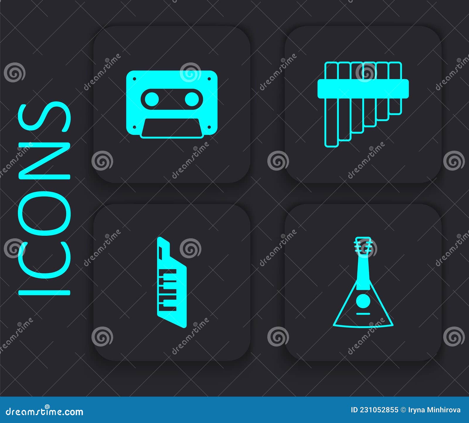set balalaika, retro audio cassette tape, pan flute and keytar icon. black square button. 
