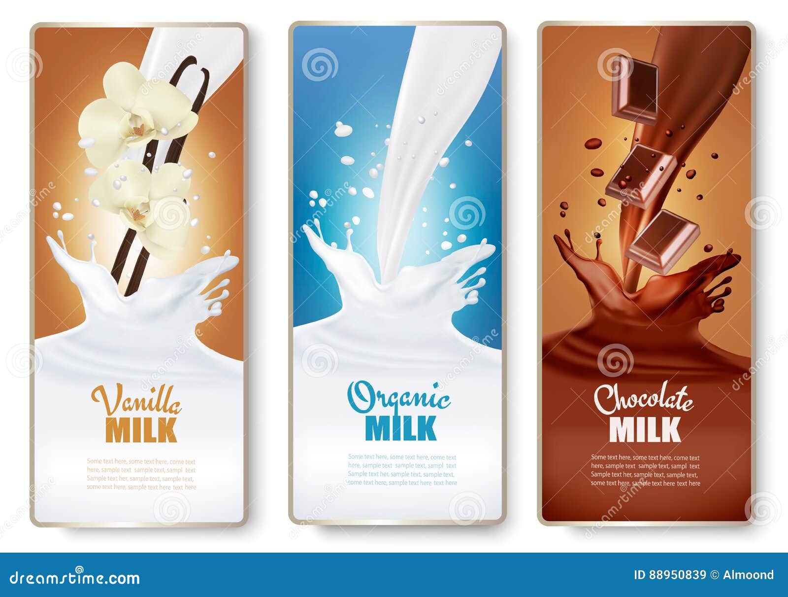 set of banners with chocolate and milk splashes.