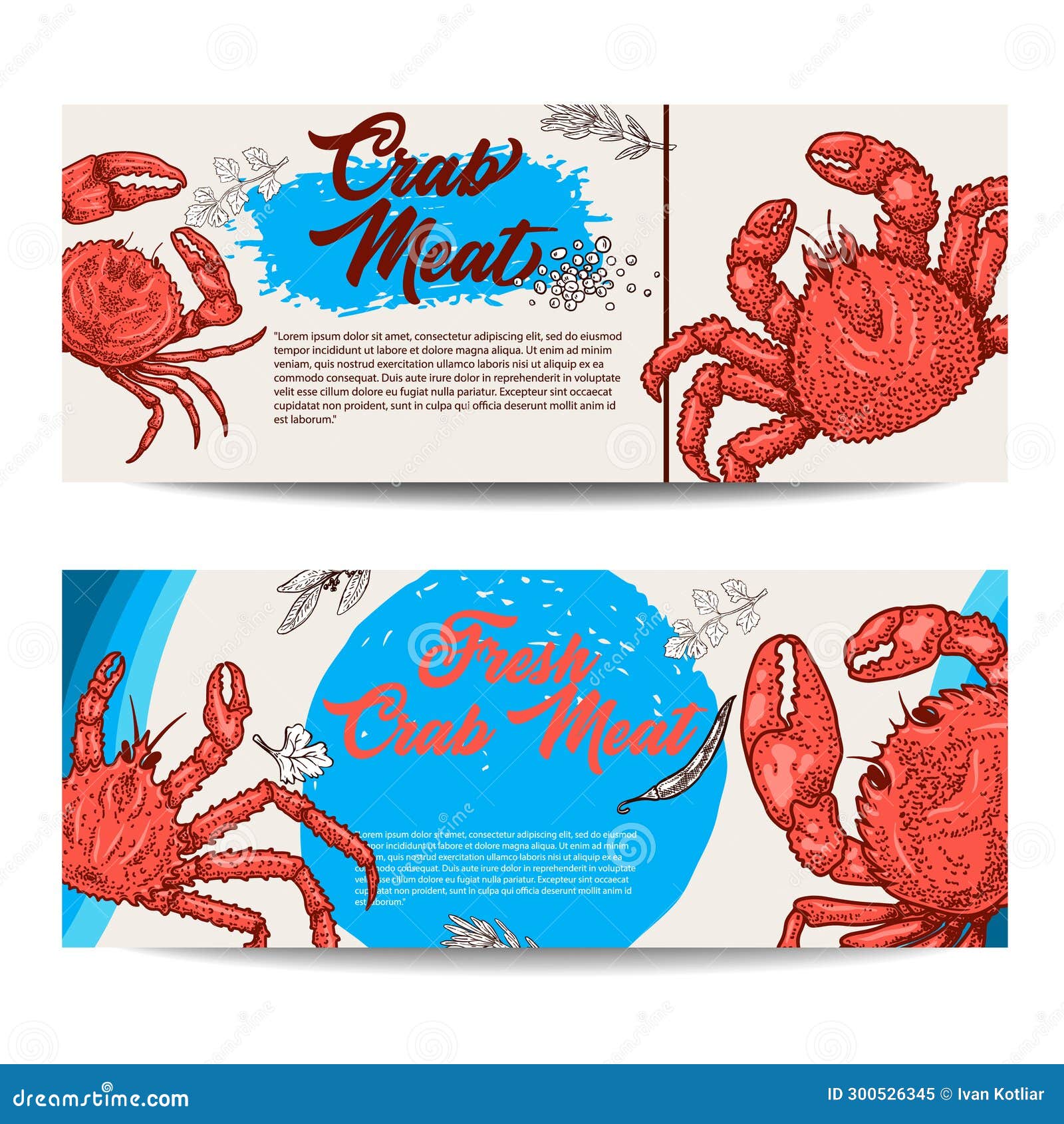 Set of Banners Crab Meat. Fresh Crab Seafood Flyers Stock Illustration