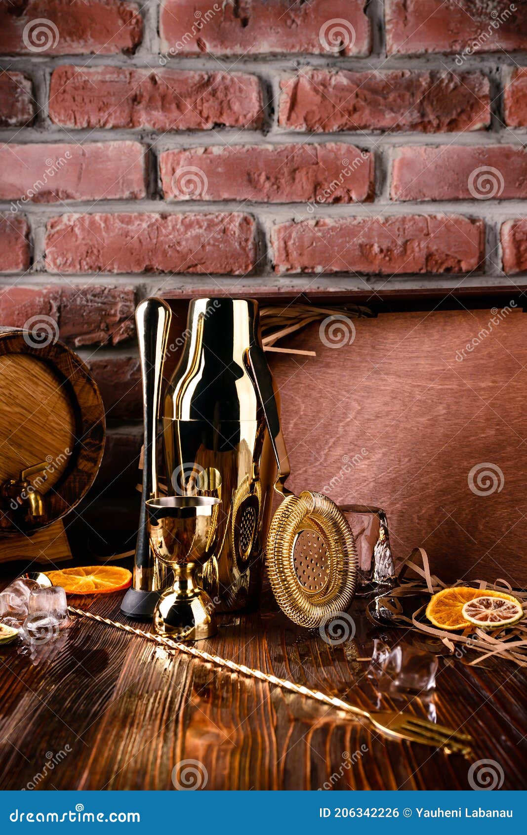 Set of Bar or Pub Accessories with Martini Cocktail Shaker. Set for the