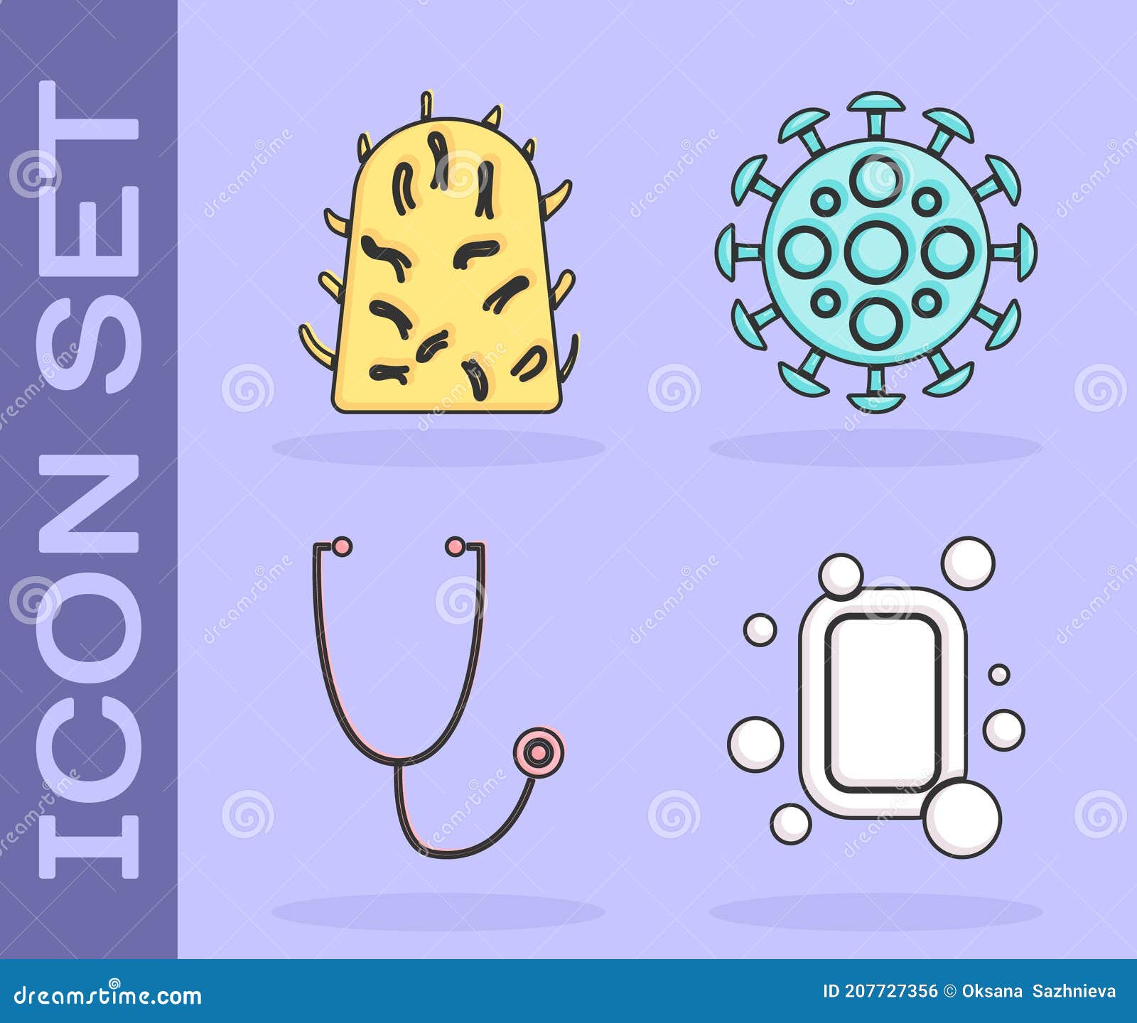 Set Bar of Soap, Rabies Virus, Stethoscope and Virus Icon. Vector Stock
