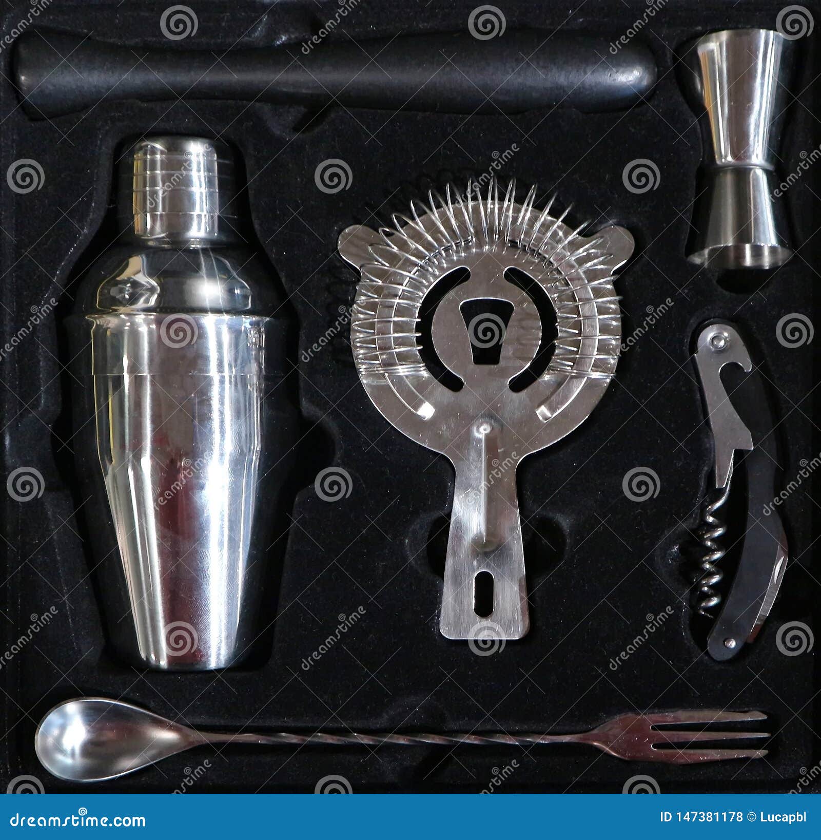 Set of Bar Tools for Cocktails in a Black Box. Stock Photo Image of