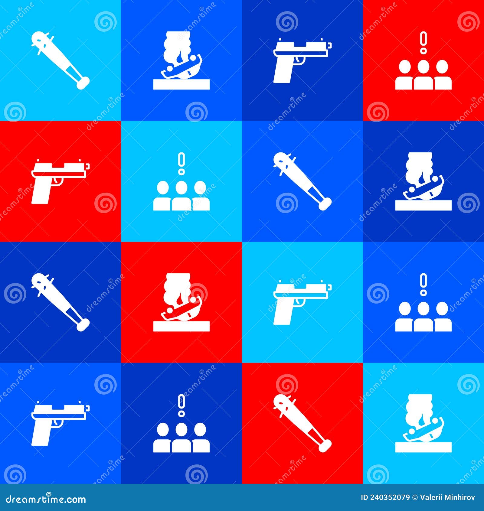 Set Baseball Bat with Nails, Burning Car, Pistol or Gun and Crowd