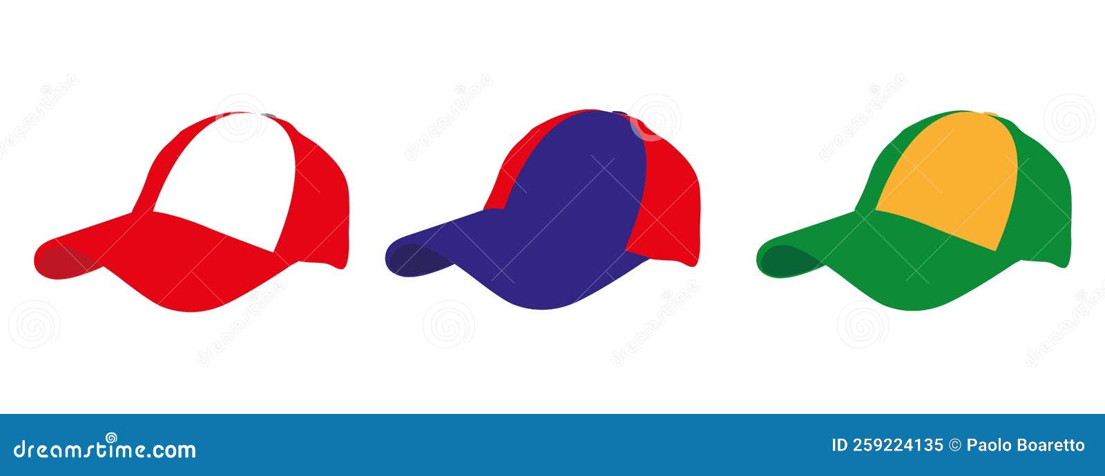 Set of Baseball Caps, Front, Back and Side View. Vector Illustration