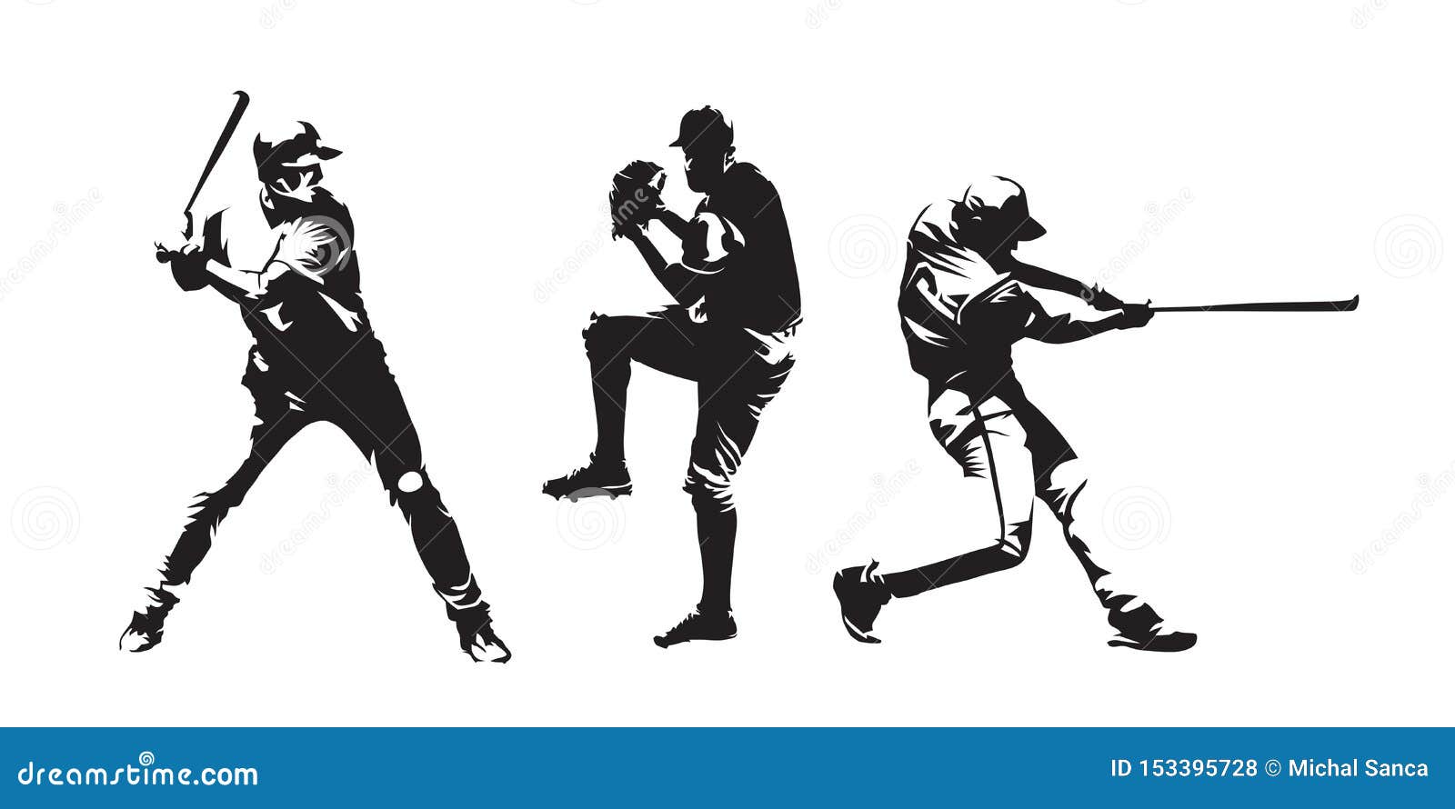set of baseball players  silhouettes. group of baseballer,  ink drawings