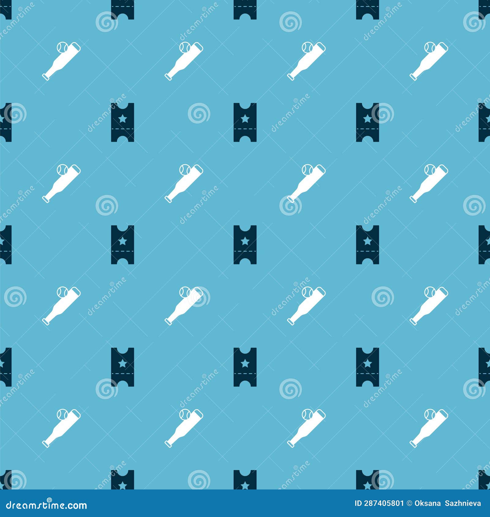 Set Baseball Ticket and Bat with on Seamless Pattern. Vector Stock