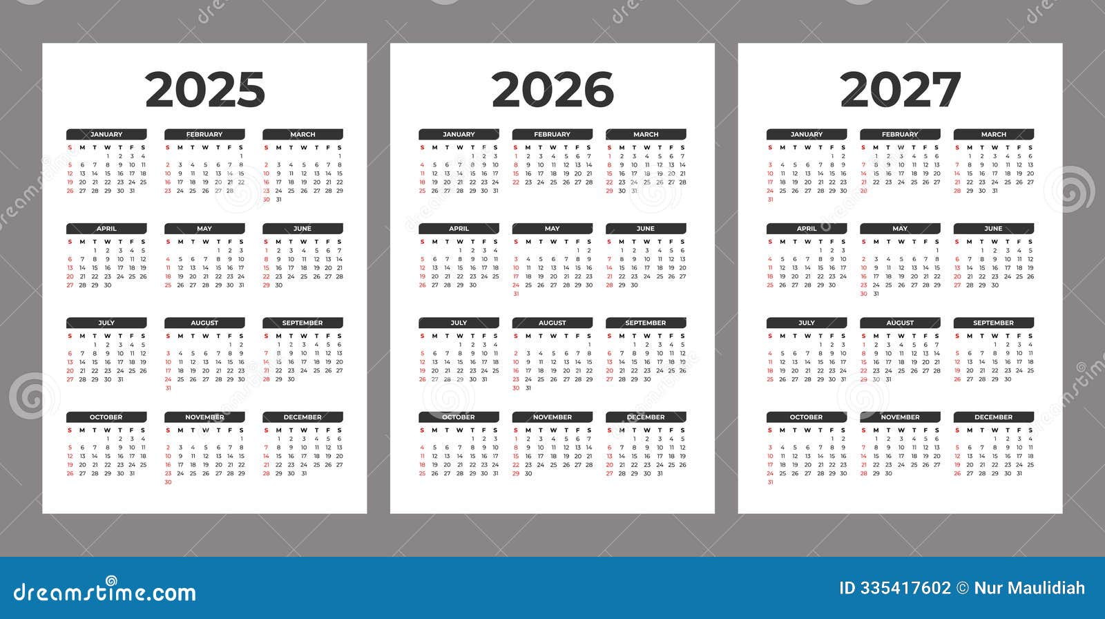 Set of 2025 2026 2027 Basic Calendar in White Background Stock Vector