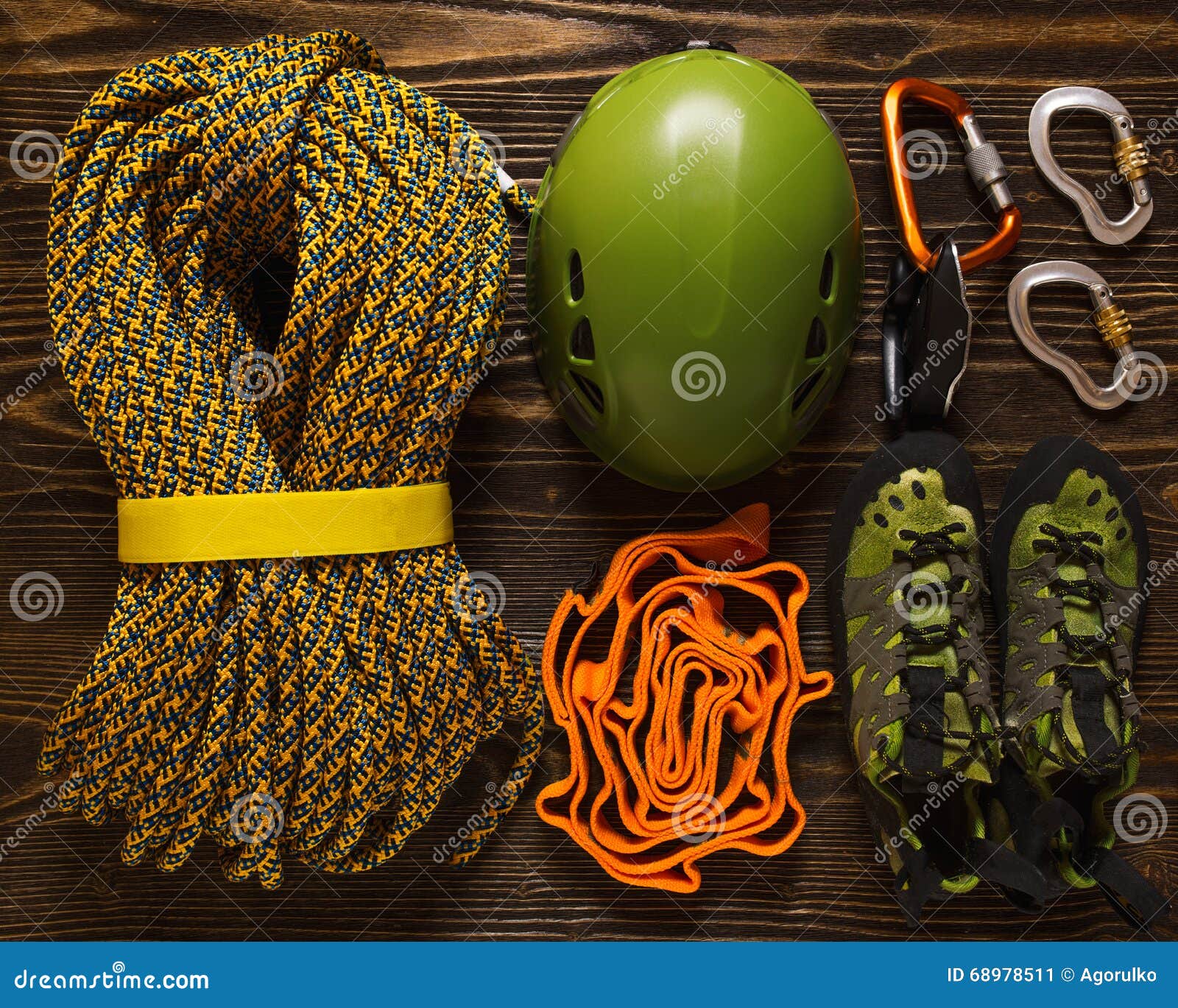 Set of Basic Climbing Equipment on Rough Wood Stock Image Image of