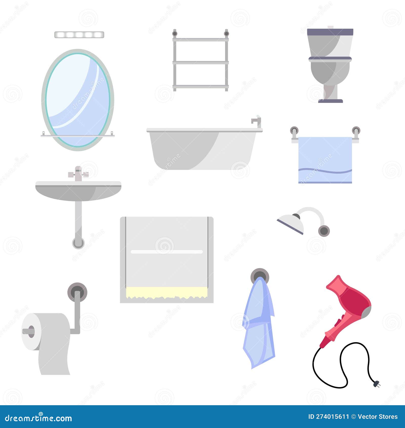 Set of Bathroom Fittings and Accessories Flat Style Vector