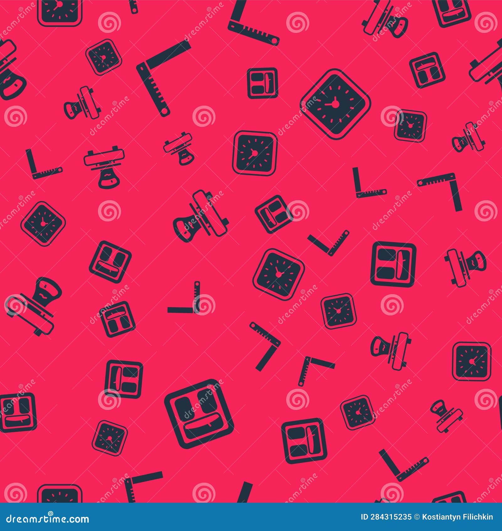 Set Bathroom Scales, Corner Ruler, Scales and Clock on Seamless Pattern