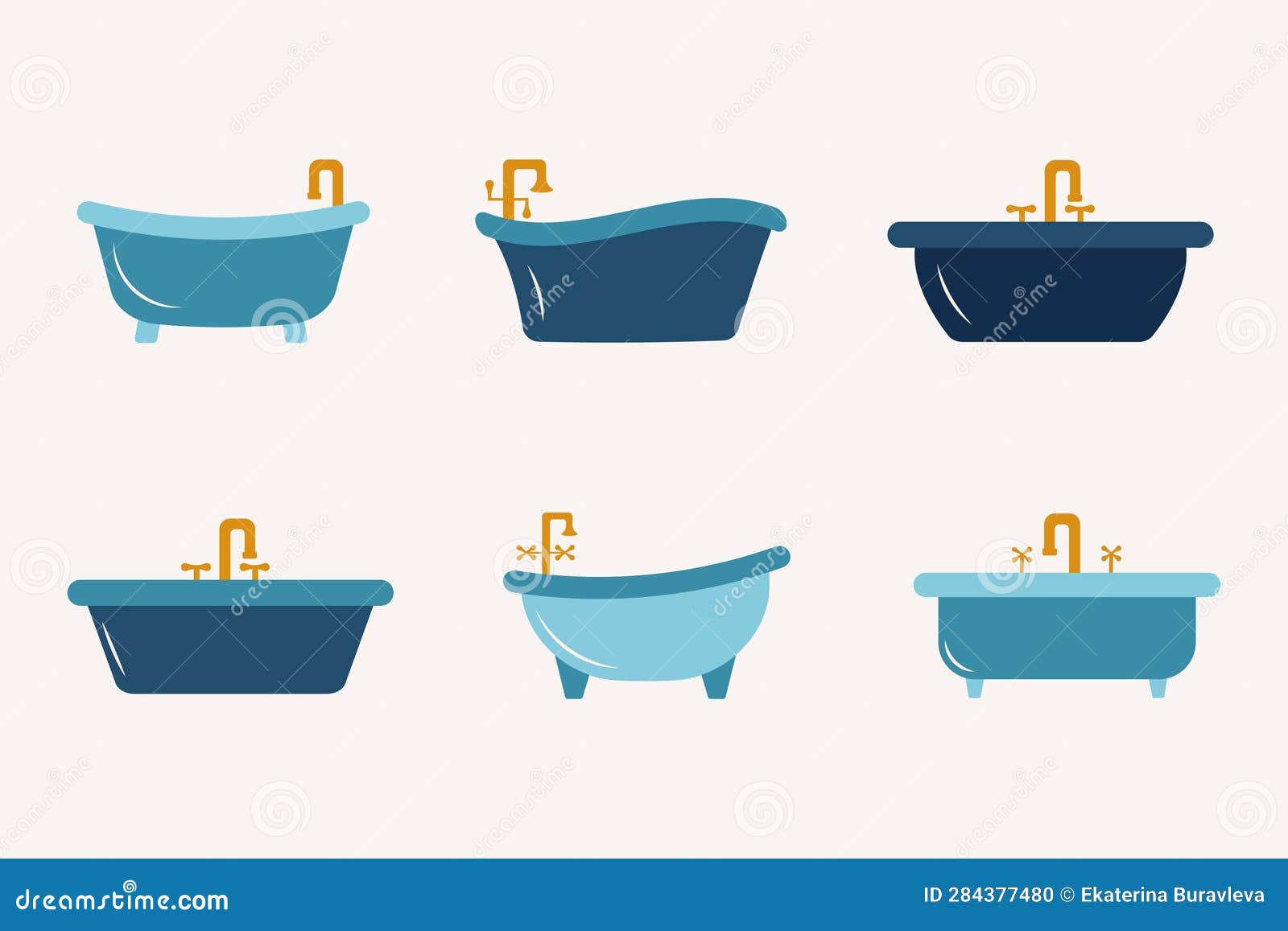 Set Bathtubs of Different Colors, Shapes, with Different Faucets. Stock