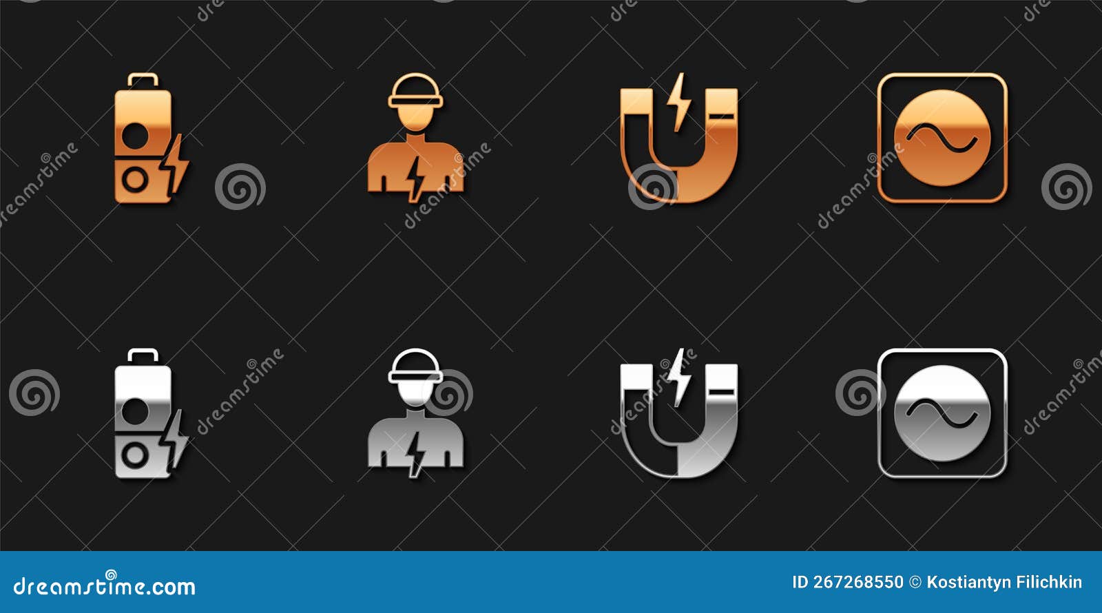 set battery charge, electrician, magnet and ac voltage source icon. 