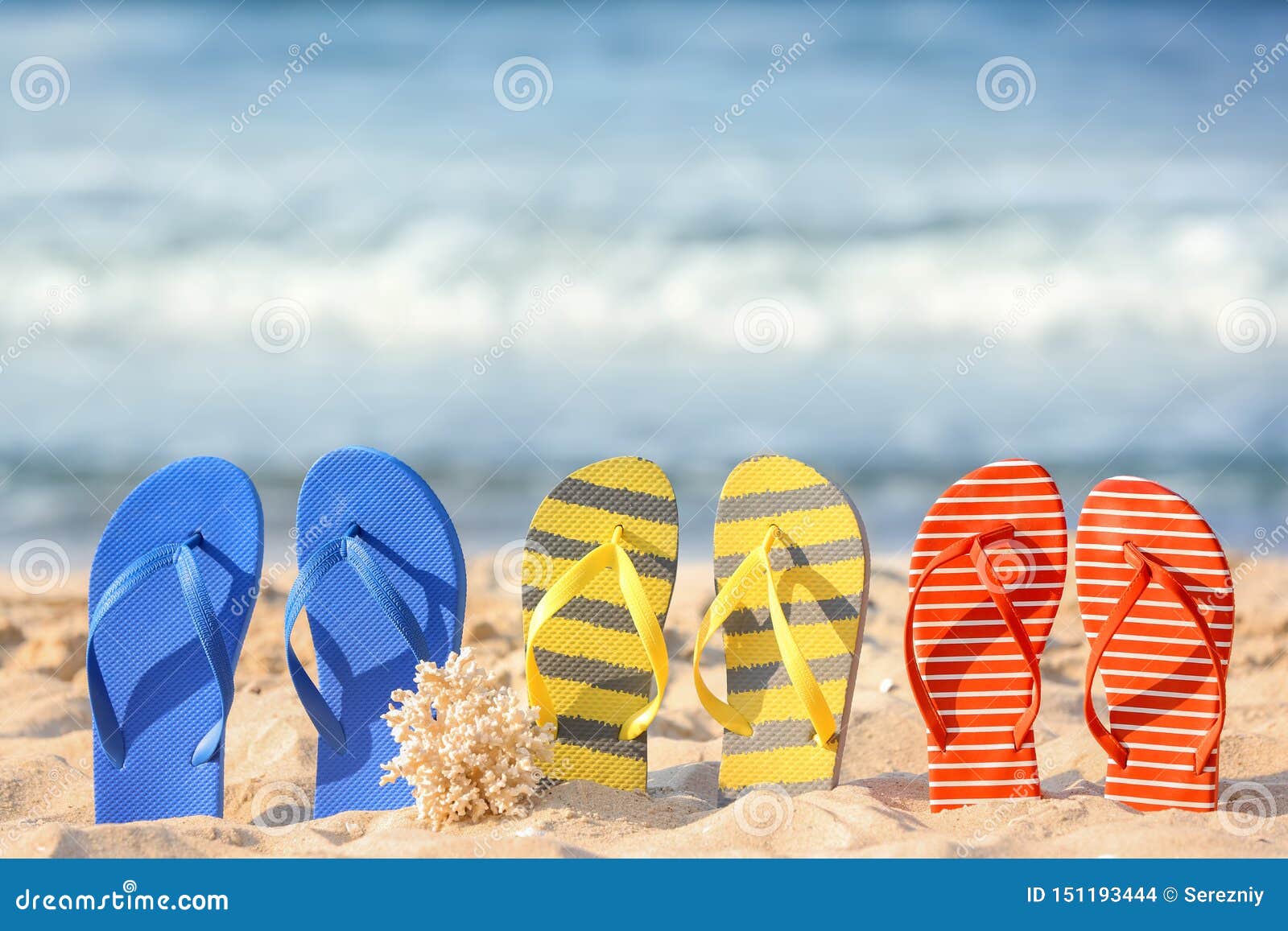 Set of Beach Flip-flops on Sand Near Sea Stock Photo - Image of ...