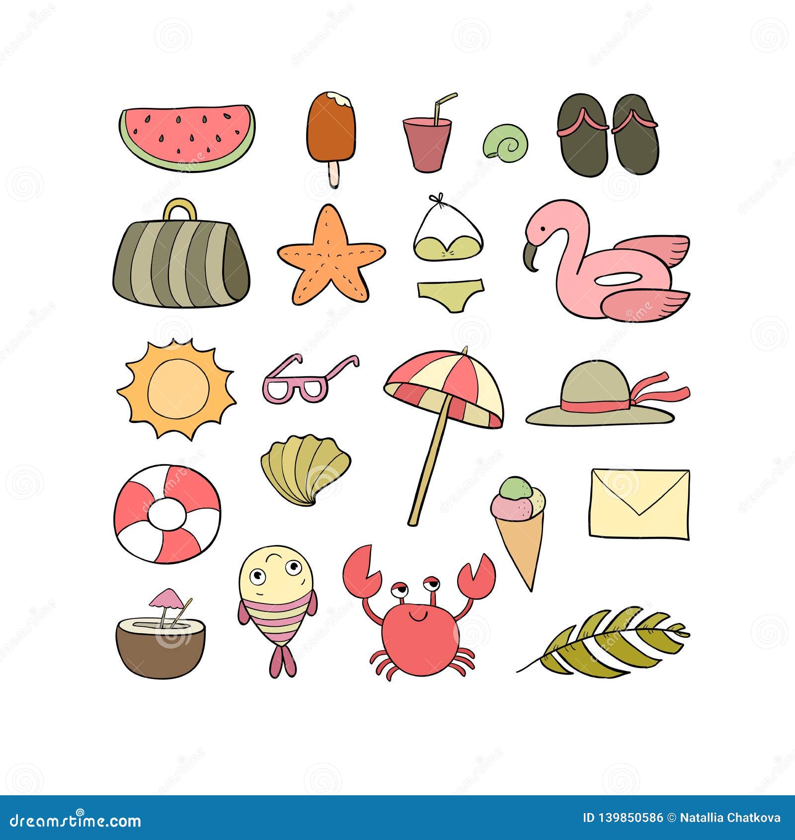 Set for the Beach. Summer Collection. Cute Cartoon Things To Relax Stock  Vector - Illustration of relax, cocktail: 139850586