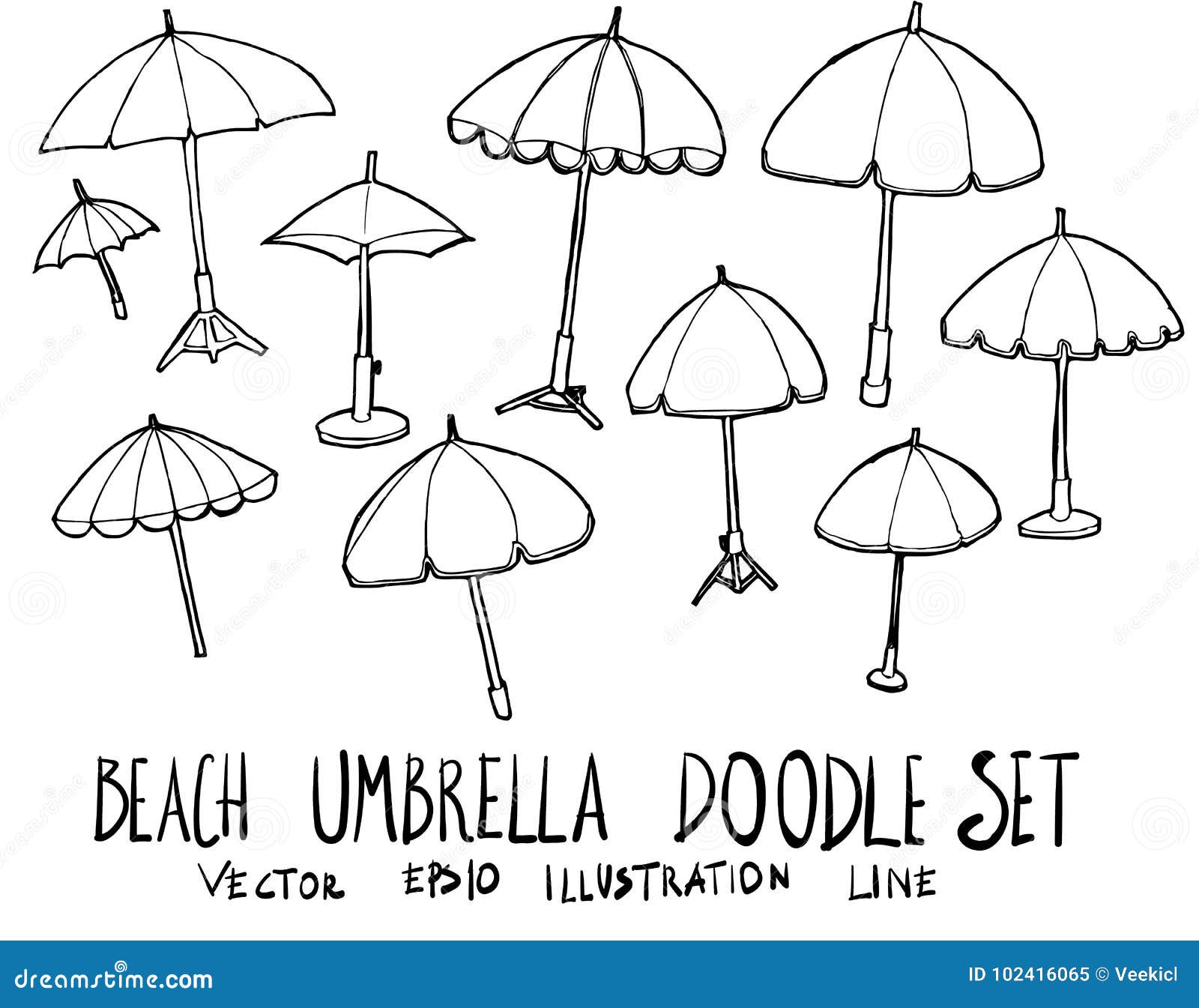 Set of Beach Umbrella Illustration Hand Drawn Doodle Sketch Line Stock