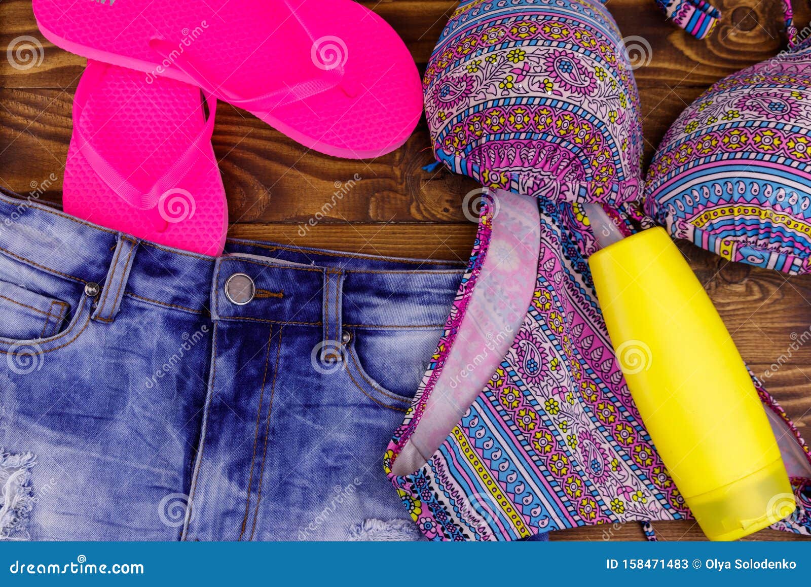 Set of Beachwear on Wooden Background Stock Image - Image of short ...