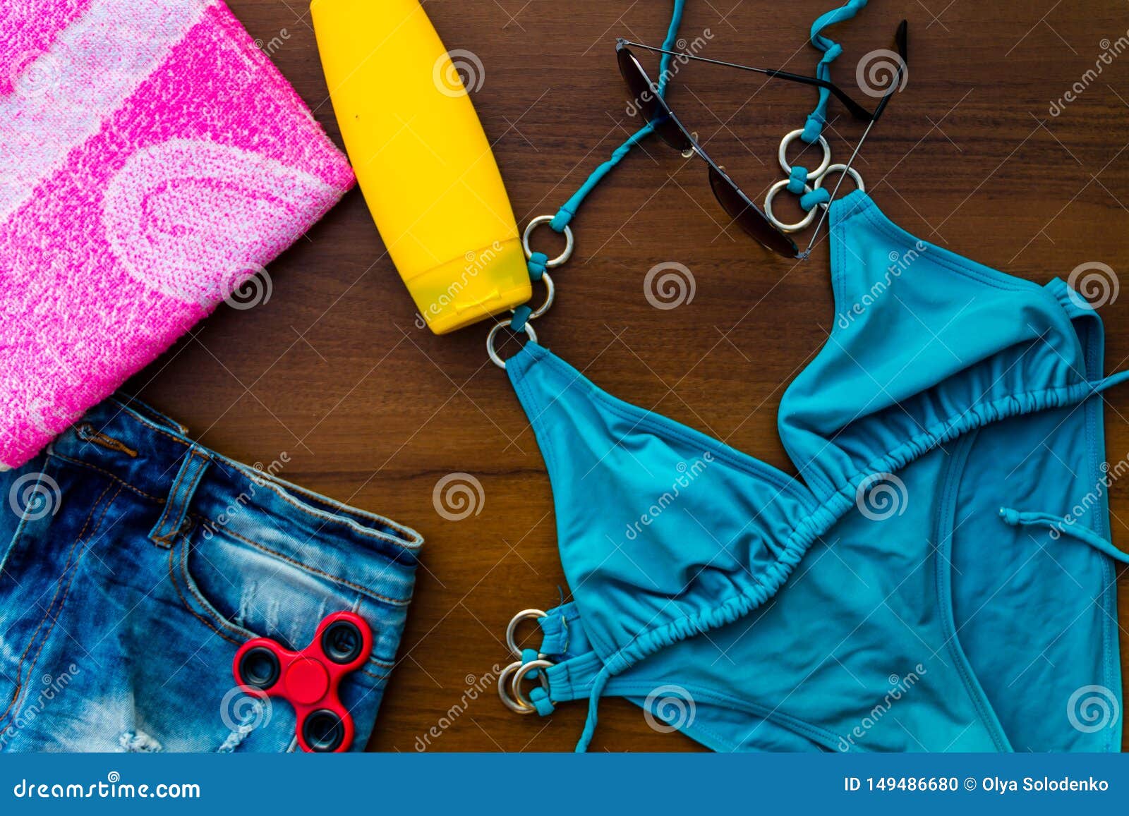 Set of Beachwear on Wooden Background Stock Photo - Image of leisure ...