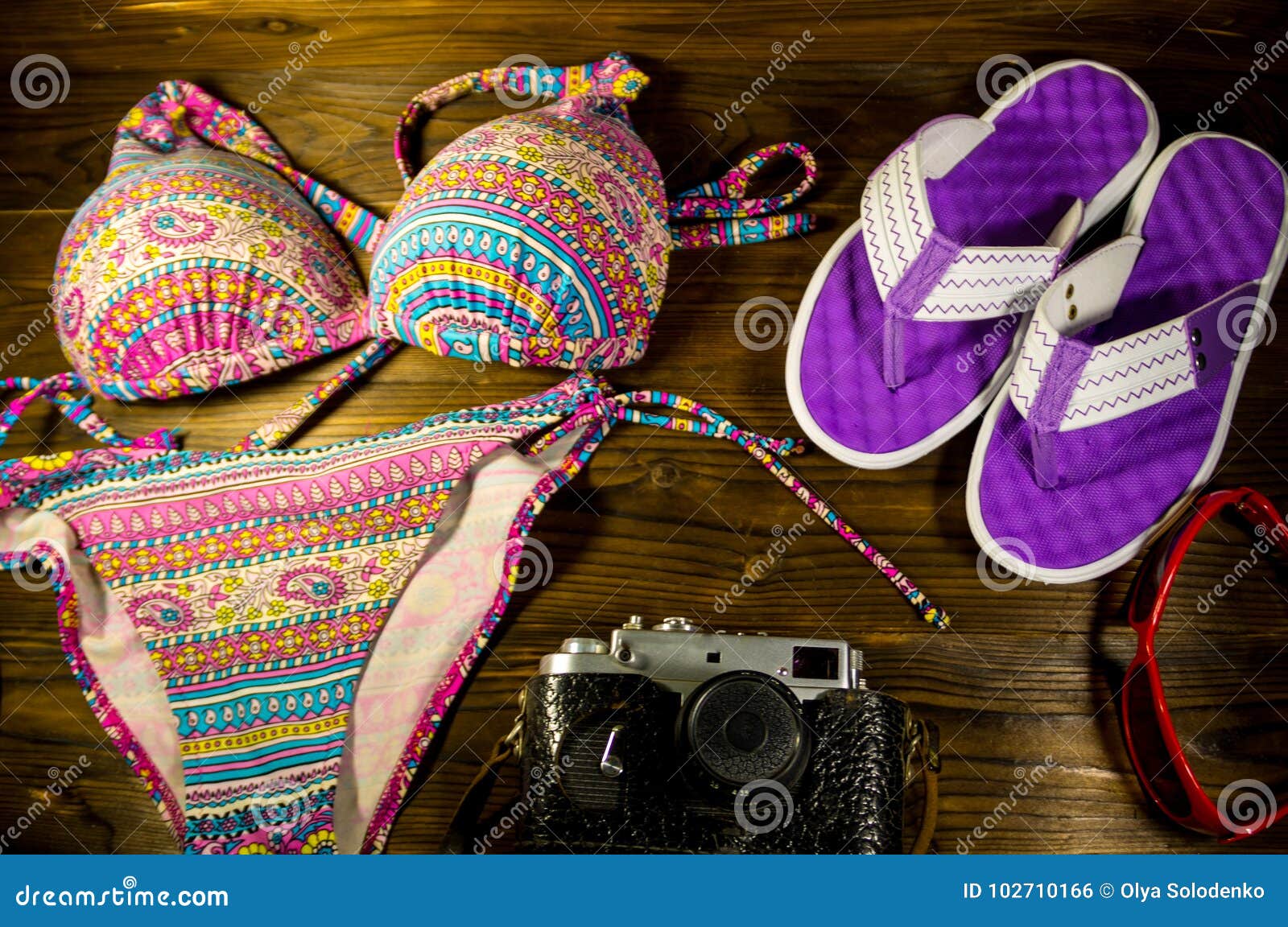 Set of Beachwear on Wooden Background. Summer Holiday Concept Stock ...
