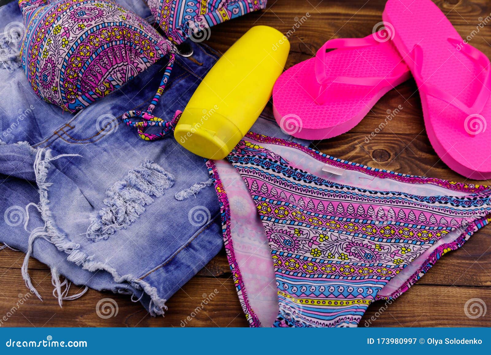 Set of Beachwear on Wooden Background Stock Image - Image of beachwear ...