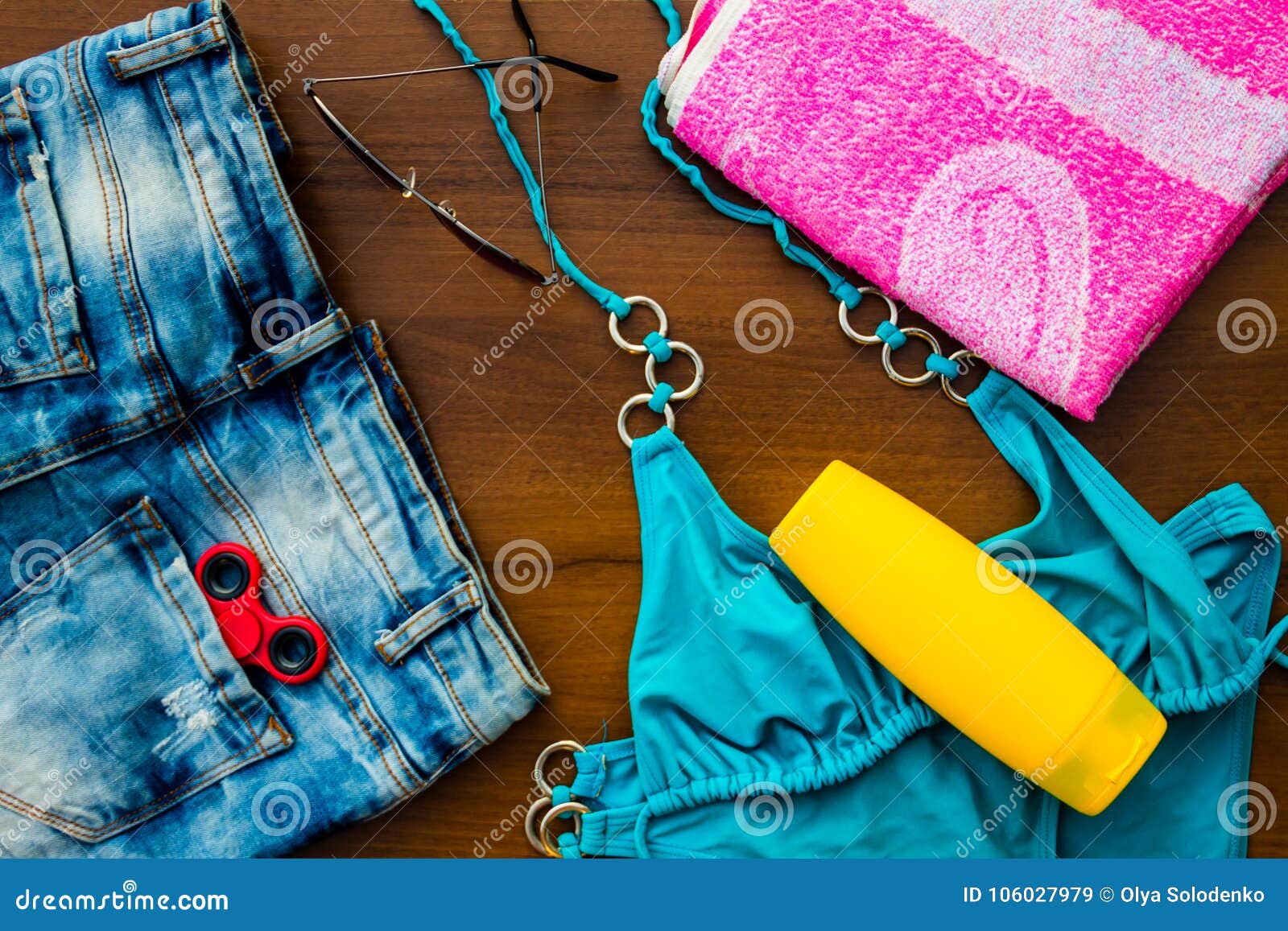 Set of Beachwear on Wooden Background Stock Image - Image of leisure ...