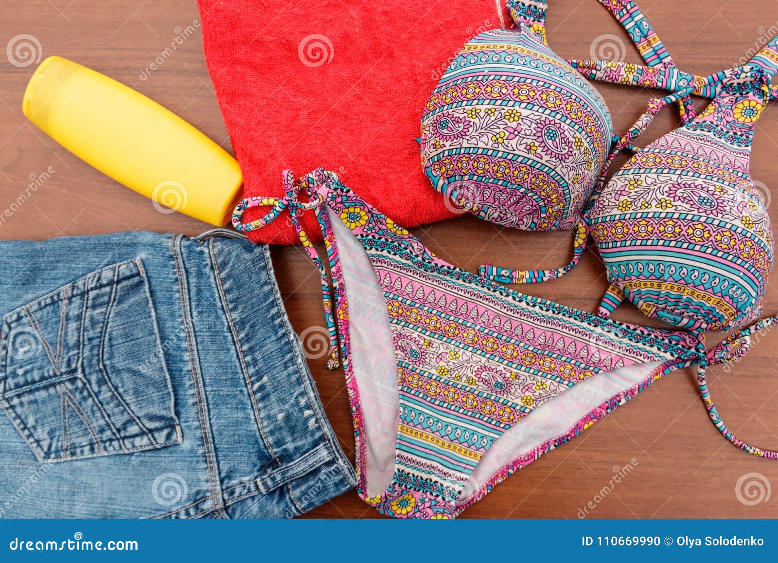 Set of Beachwear on Wooden Background Stock Photo - Image of object ...