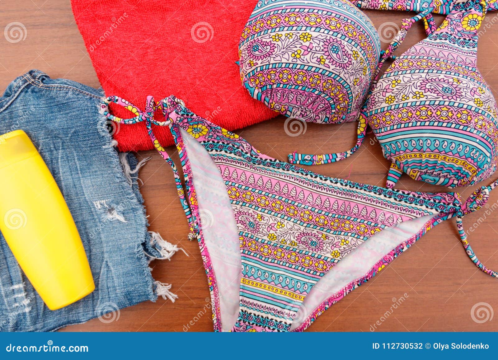Set of Beachwear on Wooden Background Stock Photo - Image of fashion ...
