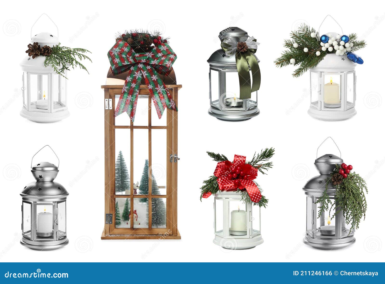 Set with Beautiful Decorative Christmas Lanterns on White Background