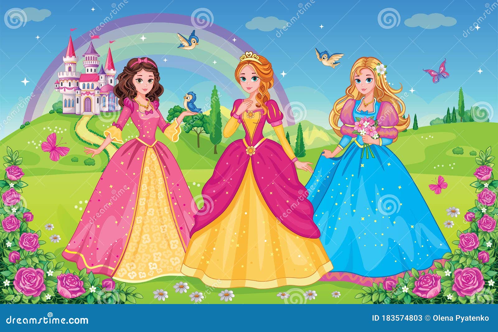 set  beautiful elf princesses. children`s background with castle, rainbow and fabulous flower meadow. wallpaper for girl. .
