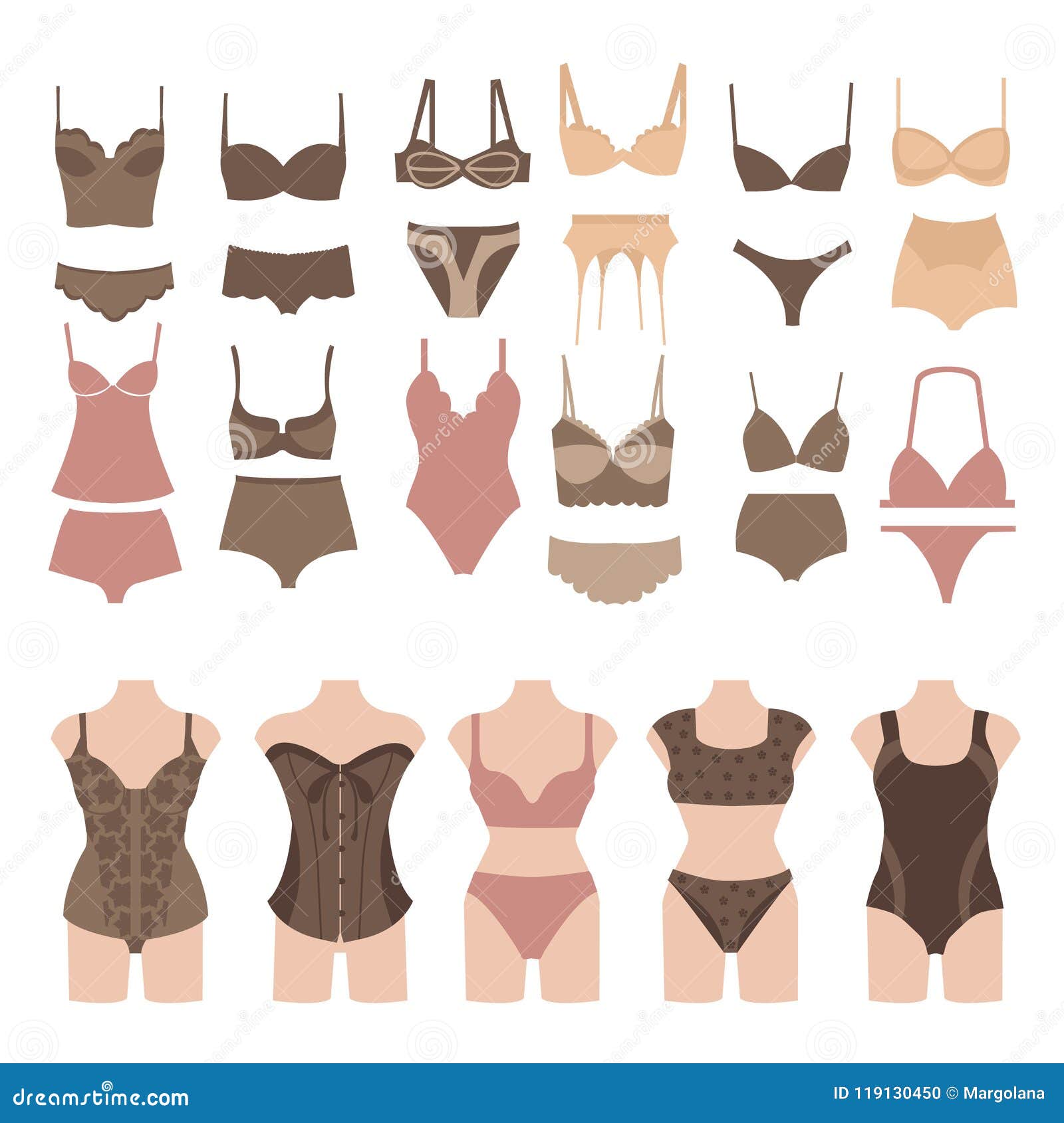 Lingerie fashion infographic elements. Female underwear linear collection.  Bra design and panties styles vector flat thin line icons set. Woman  wardrobe garments. Various clothes isolated symbols Stock Vector