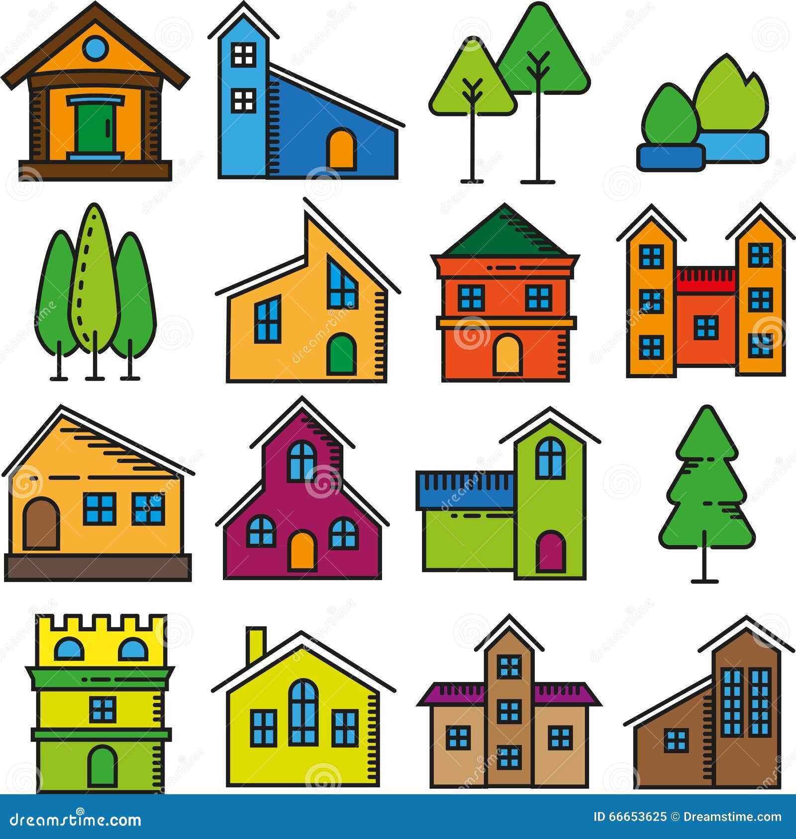 Set of Beautiful Homes Flat Design Icons. Stock Vector Illustration