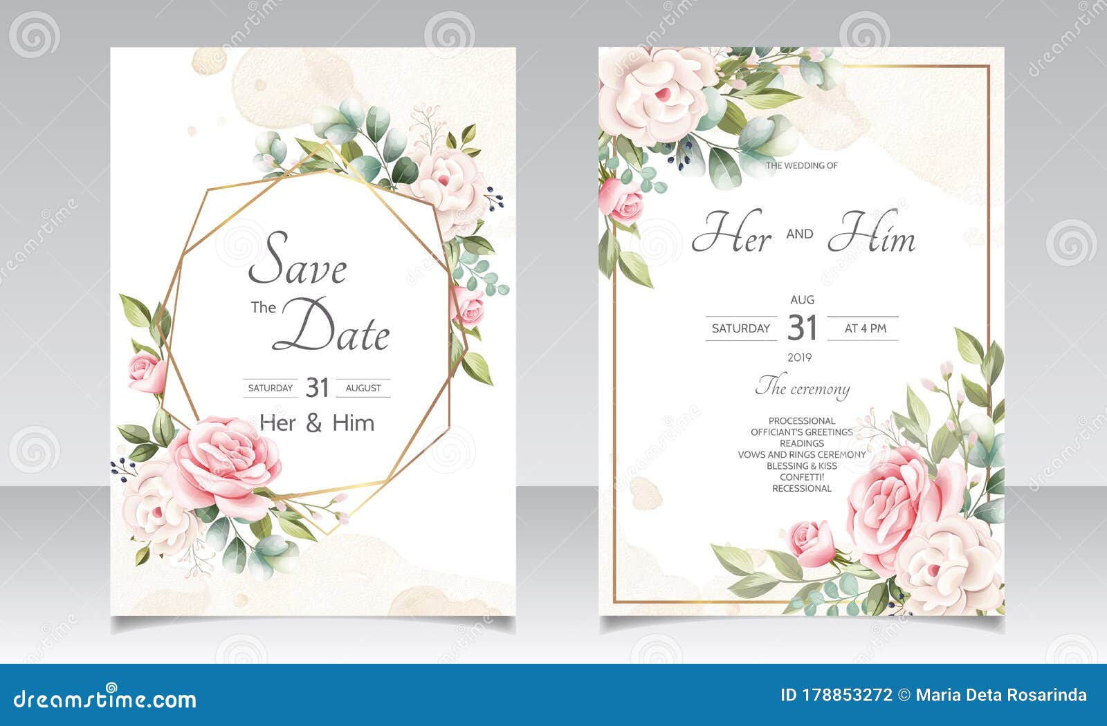 Wedding invitation card template set with beautiful floral leave