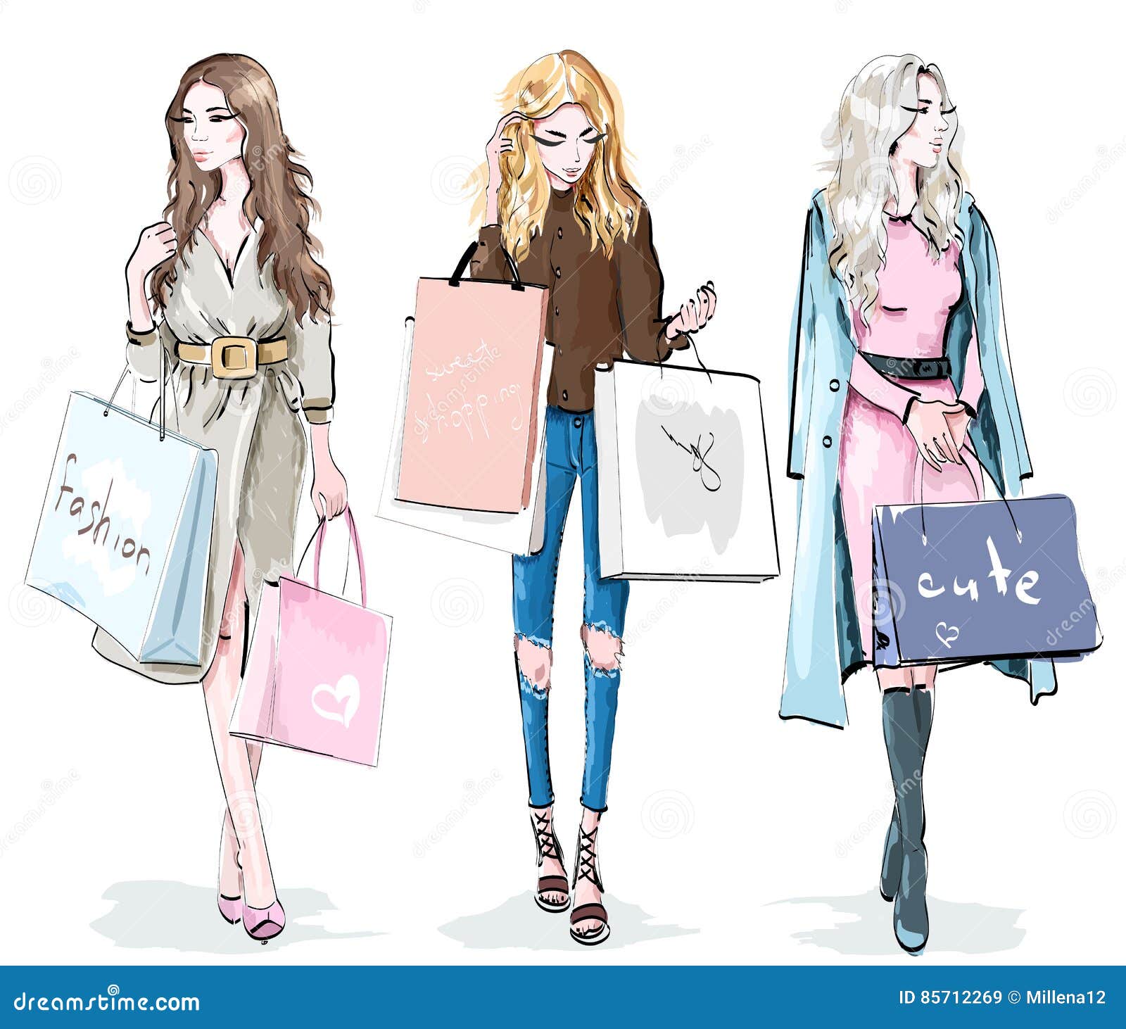 Set of Beautiful Young Girls with Shopping Bags. Fashion Women