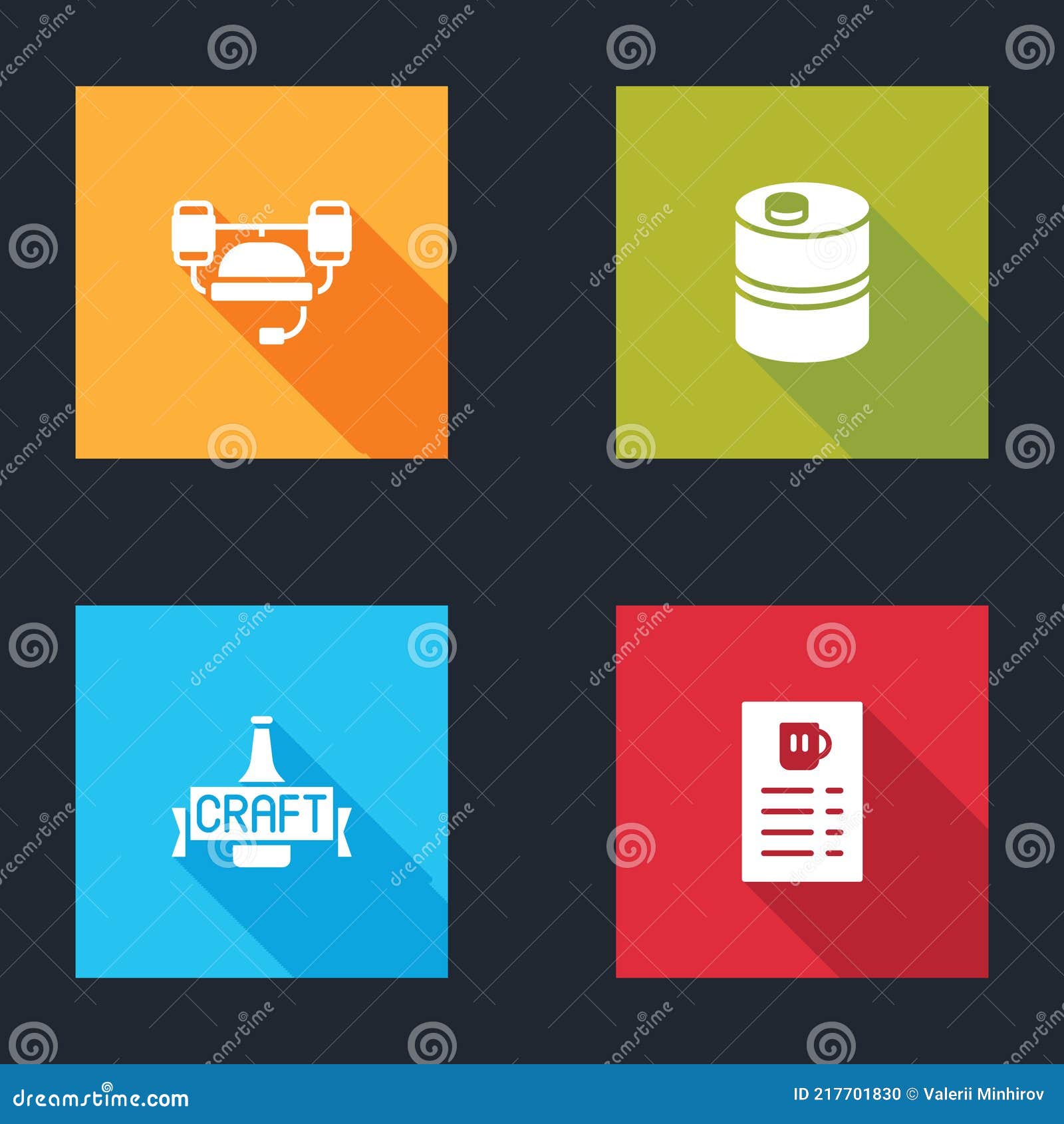 Set Beer Helmet, Metal Beer Keg, Bottle and Menu Icon. Vector Stock